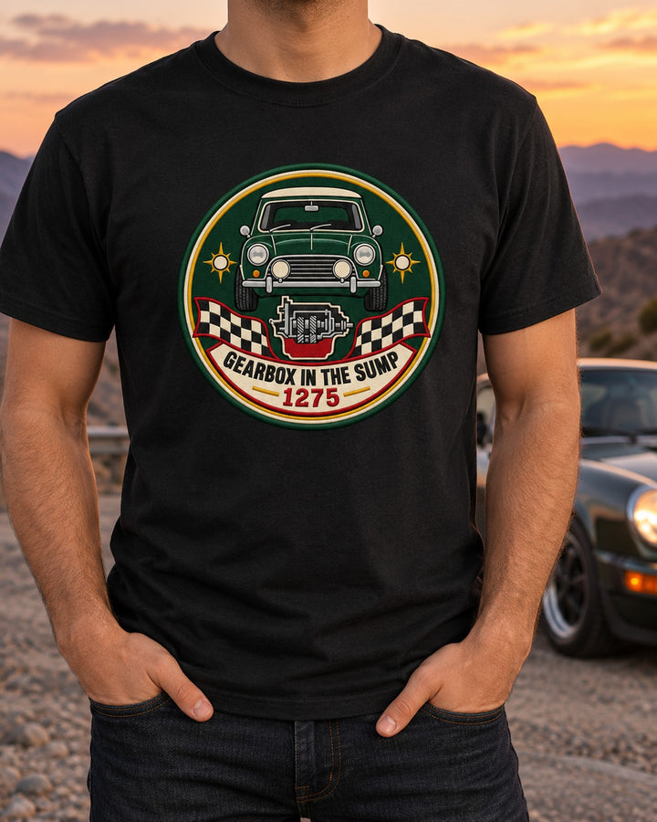 Classic Mini Cooper S Gearbox in the Sump Crest Shirt T-Shirt Black worn hero
