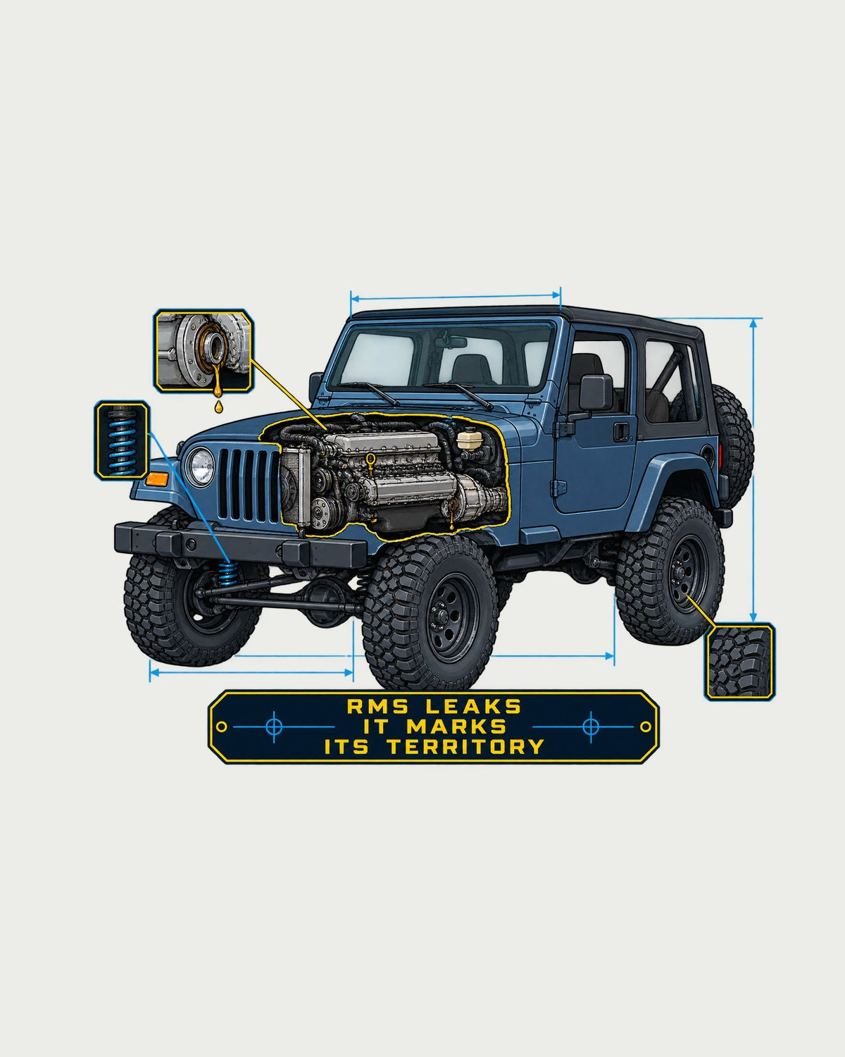 Jeep Wrangler TJ Engine Cutaway Blueprint Shirt, Rear Main Seal Joke design only