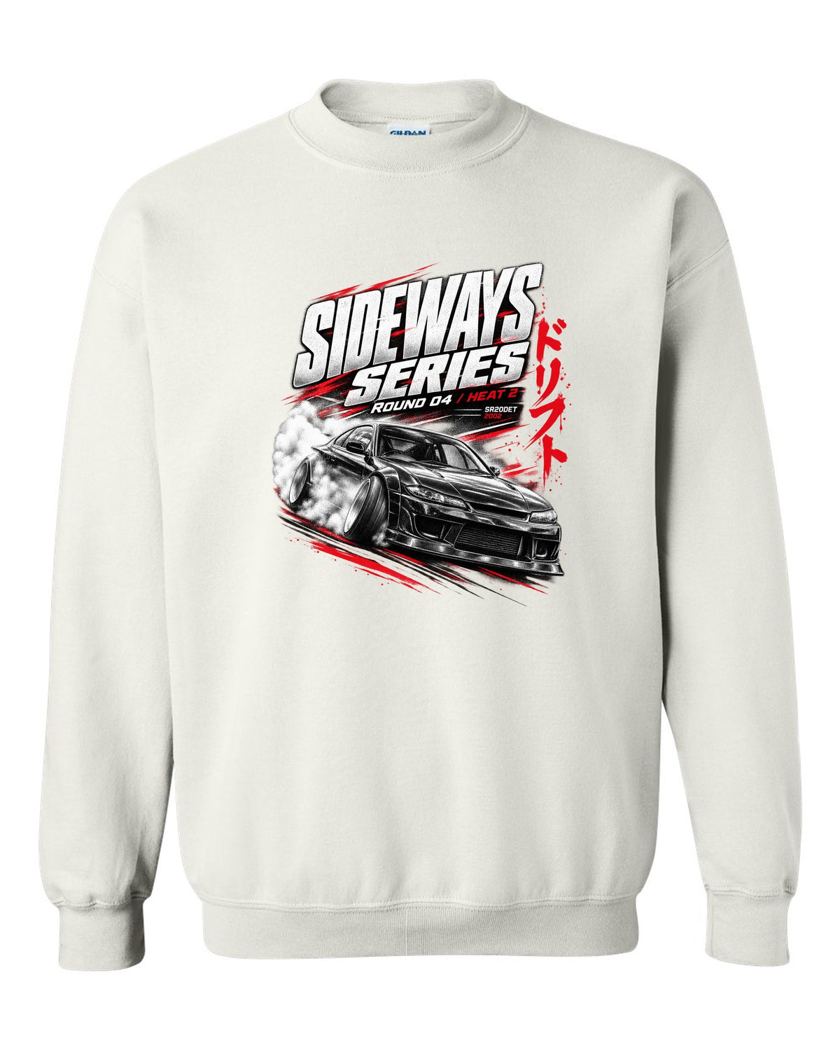 Race poster print of a Nissan Silvia S15 with Sideways Series Round 04 lettering white crewneck front view with the design