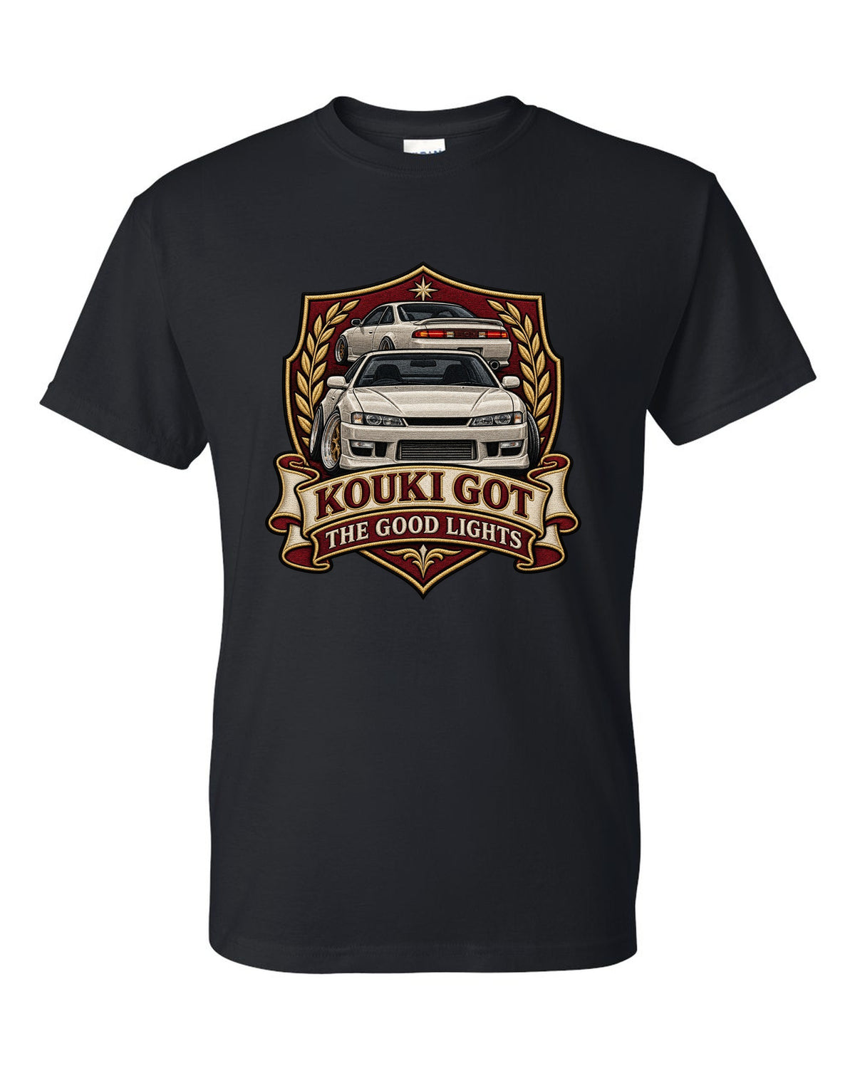 Embroidered shield crest print for the Nissan Silvia S14 kouki reading Kouki Got the Good Lights black t-shirt front view with the design