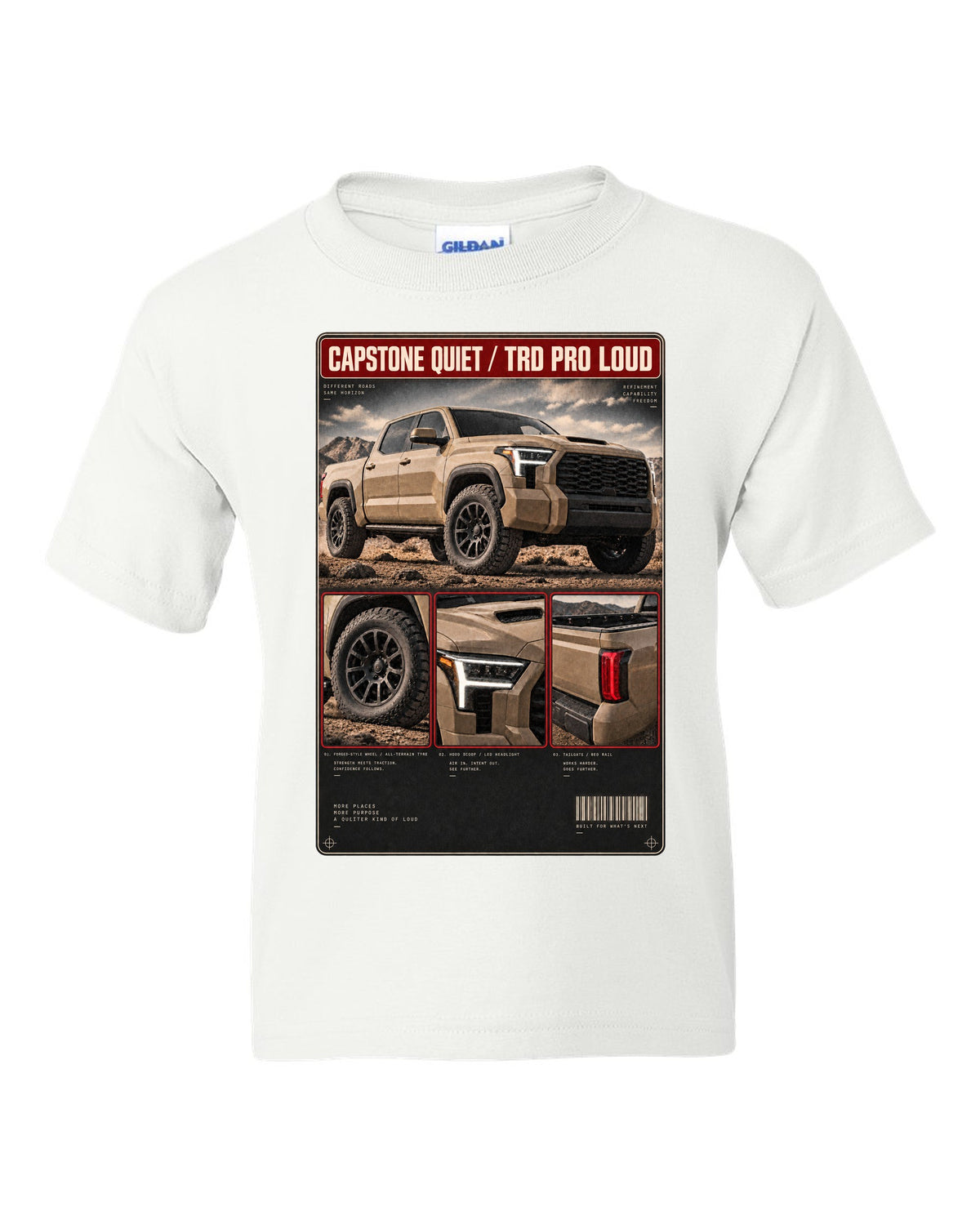 Toyota Tundra TRD Pro CrewMax dossier panel design white kids tee front view with the design
