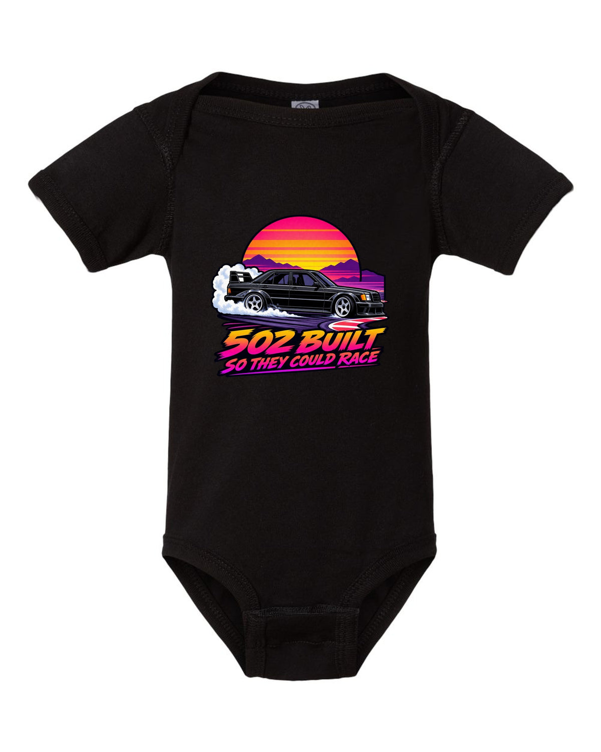 Flat vector eighties sunset gradient print of a Mercedes-Benz 190E Evo II W201 sliding through a chicane black baby onesie front view with the design