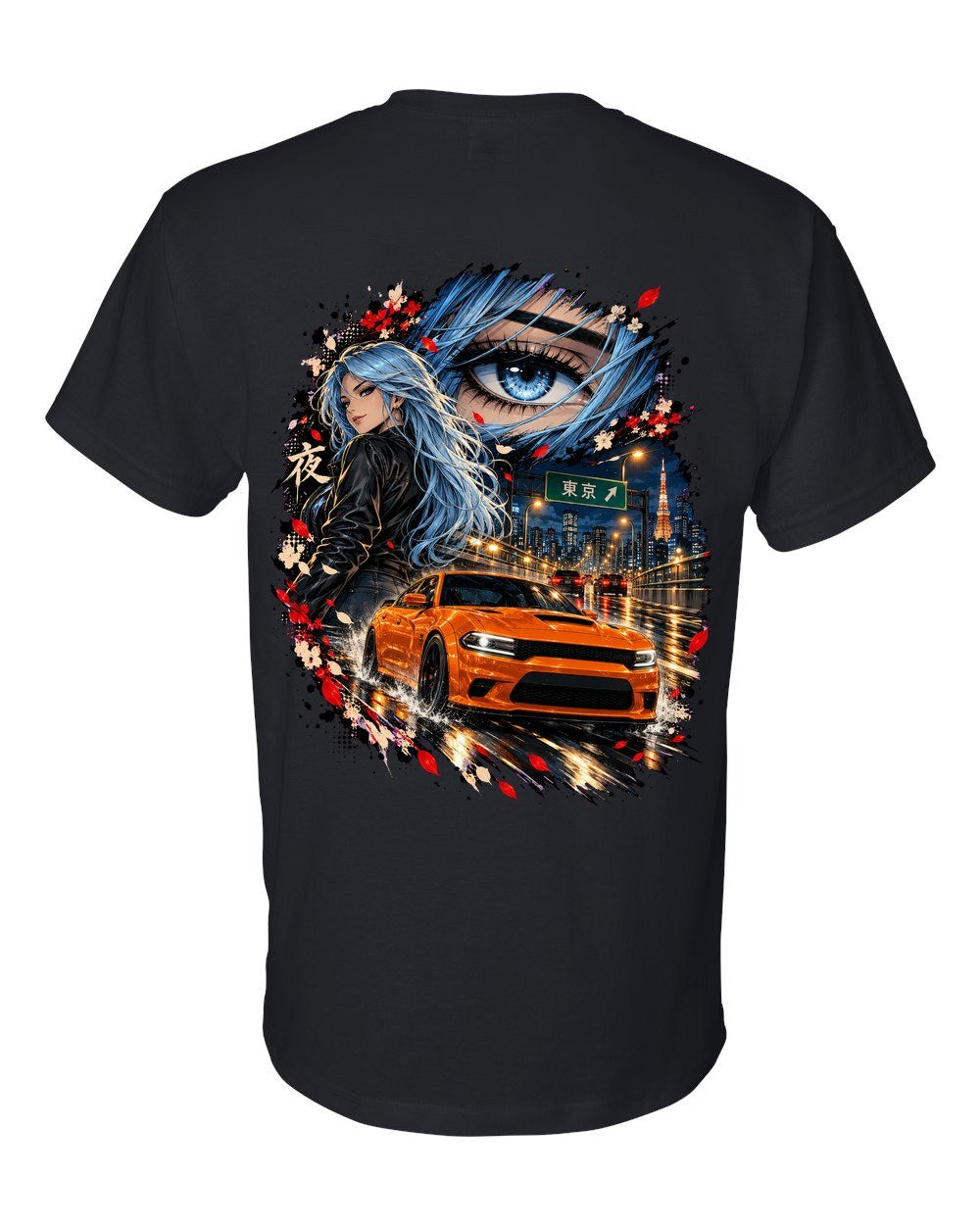 Dodge Charger Hellcat Anime Girl T-Shirt Black back