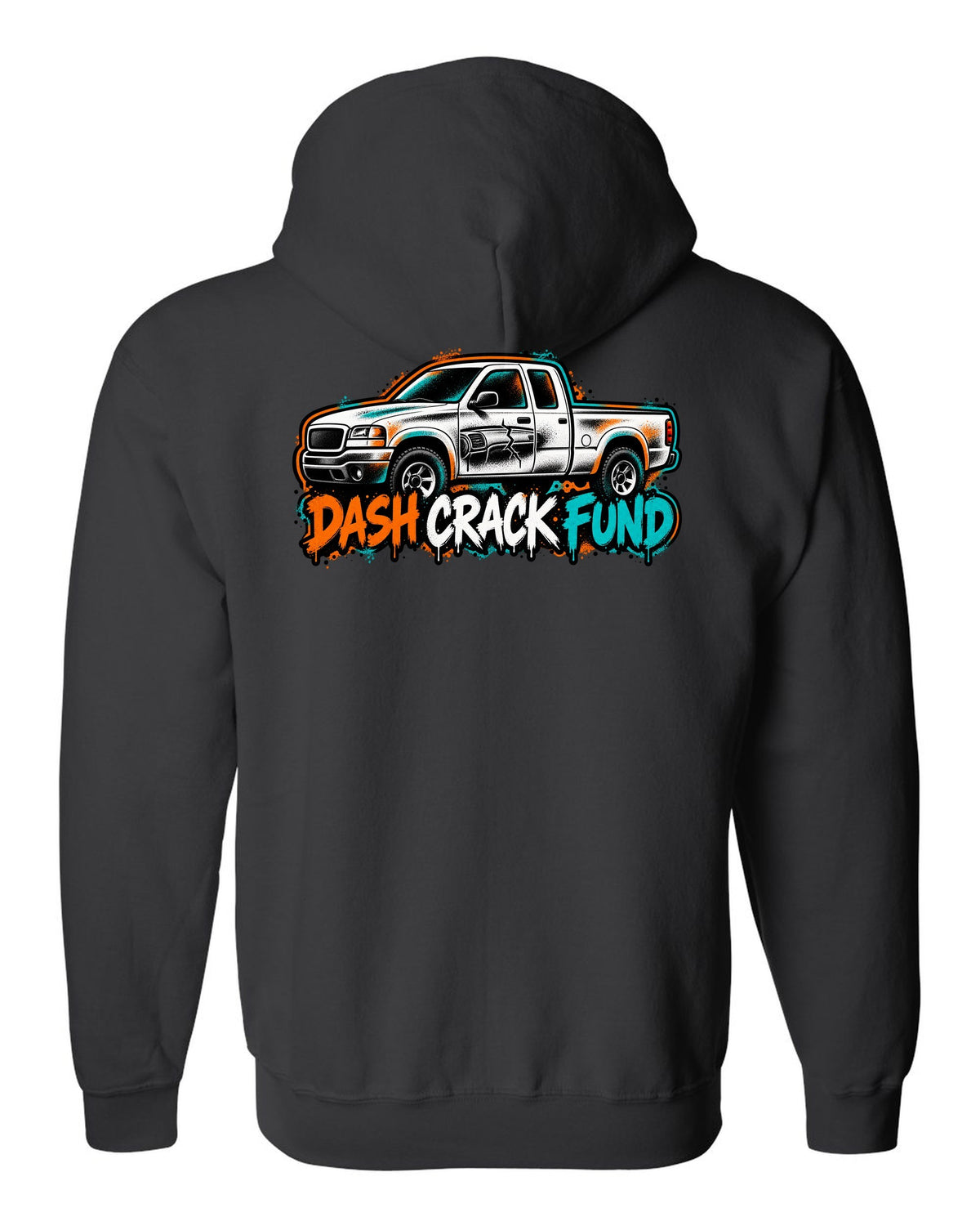 NBS Silverado GMT800 Spray Stencil Tee, Dash Crack Fund black zip hoodie back view with the design