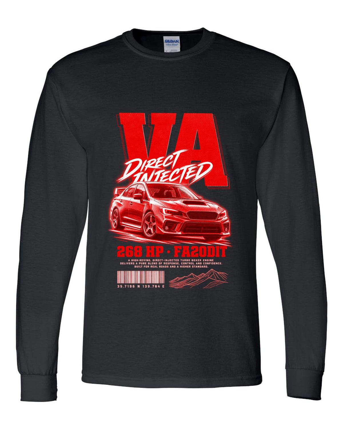 Street poster print for the Subaru WRX VA reading Direct Injected, 268 HP, FA20DIT black long sleeve front view with the design