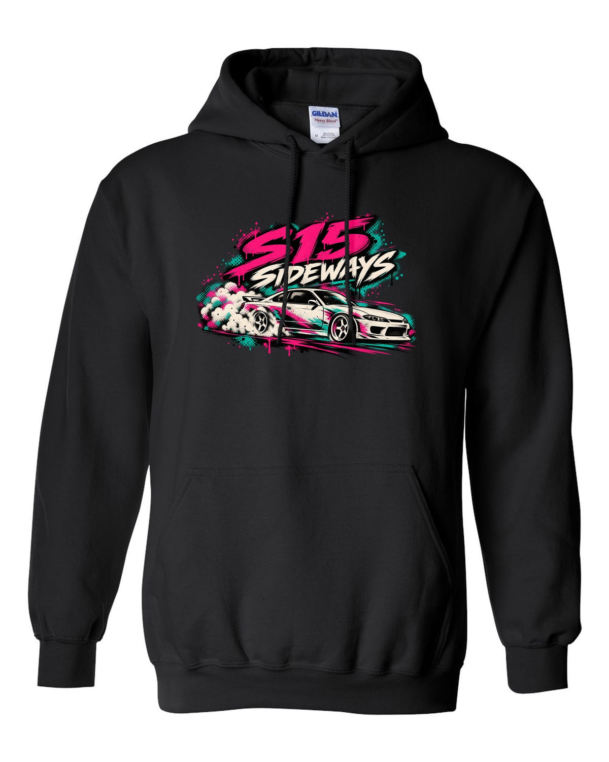Stencil spray street art print of a Nissan Silvia S15 sliding sideways black pull over hoodie front view with the design