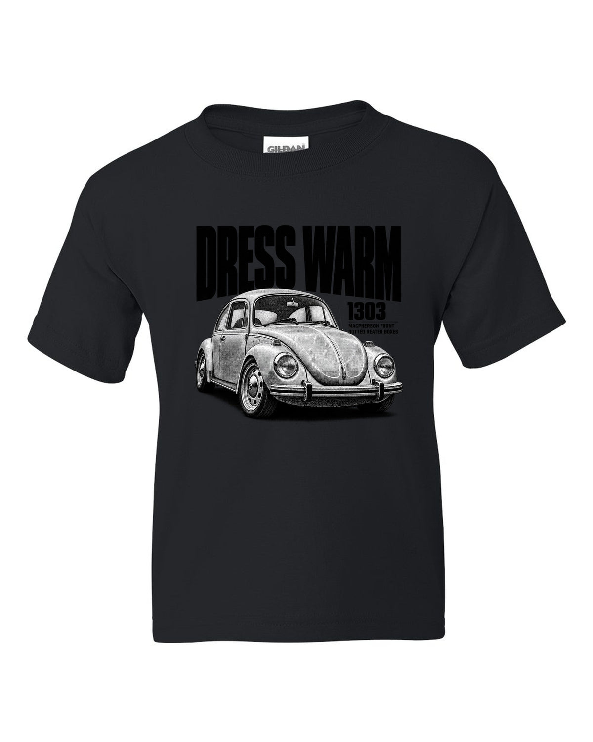 Halftone print of a VW Beetle Type 1 1303 front three-quarter with dress warm text black kids tee front view with the design