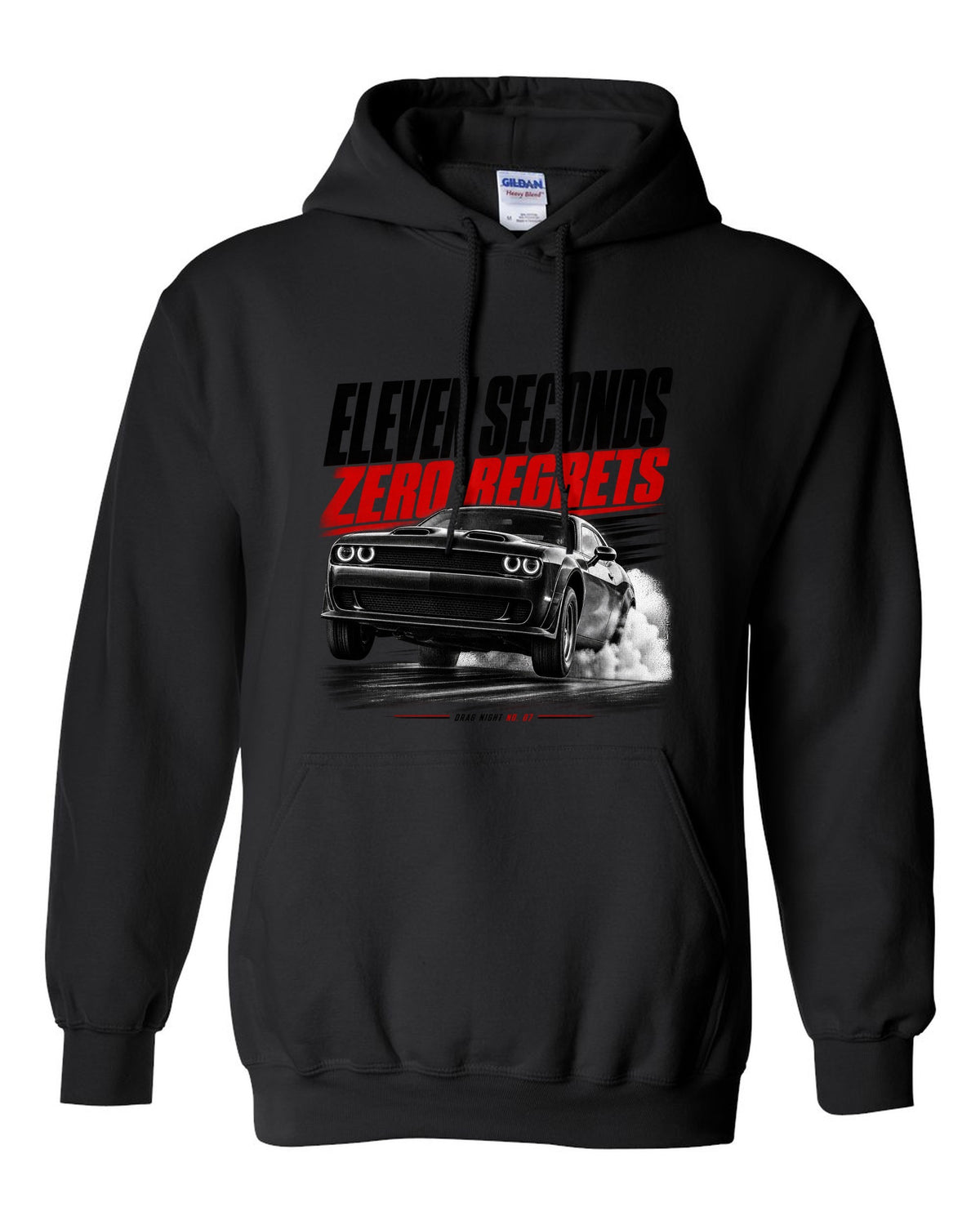 Race poster print of a 2019 Dodge Challenger Hellcat Redeye for Drag Night No. 07 black pull over hoodie front view with the design