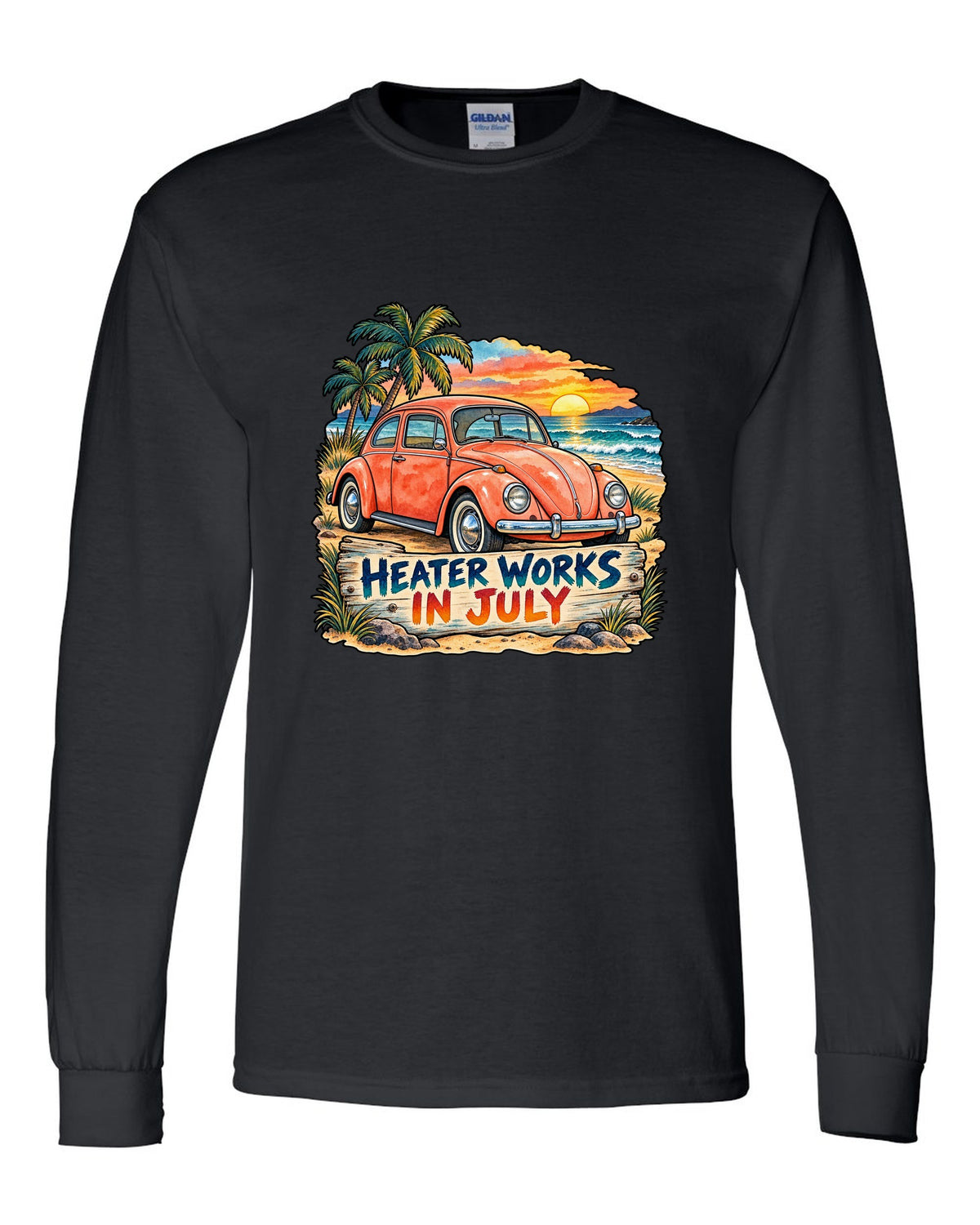 Watercolour sunset beach scene with a 1960s VW Beetle Type 1 and heater works in July text black long sleeve front view with the design