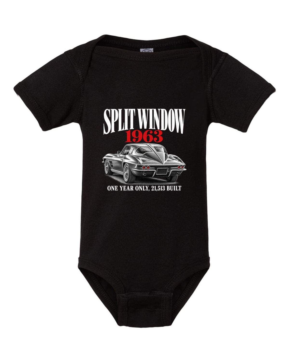 Chevrolet Corvette C2 Sting Ray 1963 split-window coupe editorial print black baby onesie front view with the design