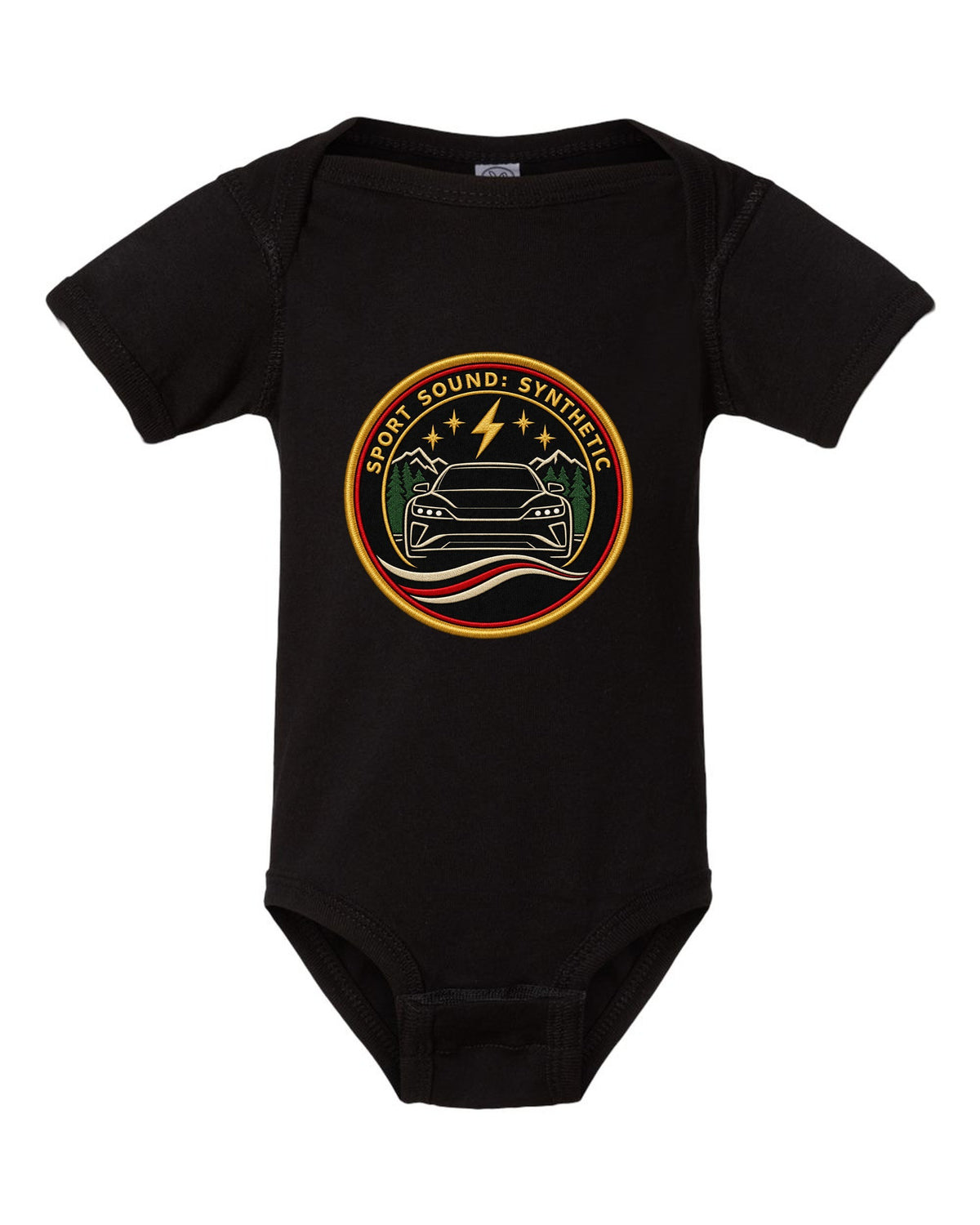 Porsche Taycan Turbo S 9J1 round embroidery-style crest print with the text sport sound synthetic black baby onesie front view with the design