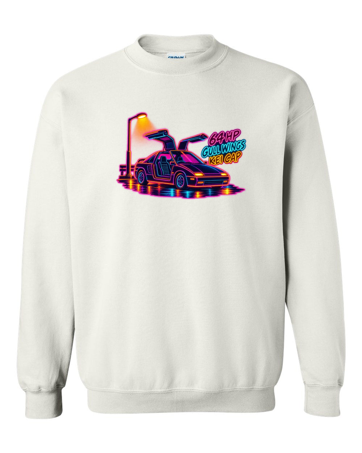 Neon synthwave line art print of an Autozam AZ-1 PG6SA with 64 HP gull wings kei cap lettering white crewneck front view with the design