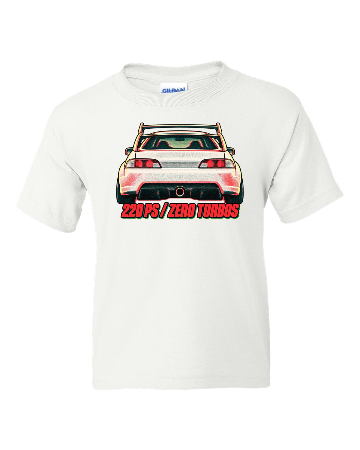 Risograph duotone print of a Honda Integra Type R DC5 with 220 PS zero turbos text white kids tee front view with the design
