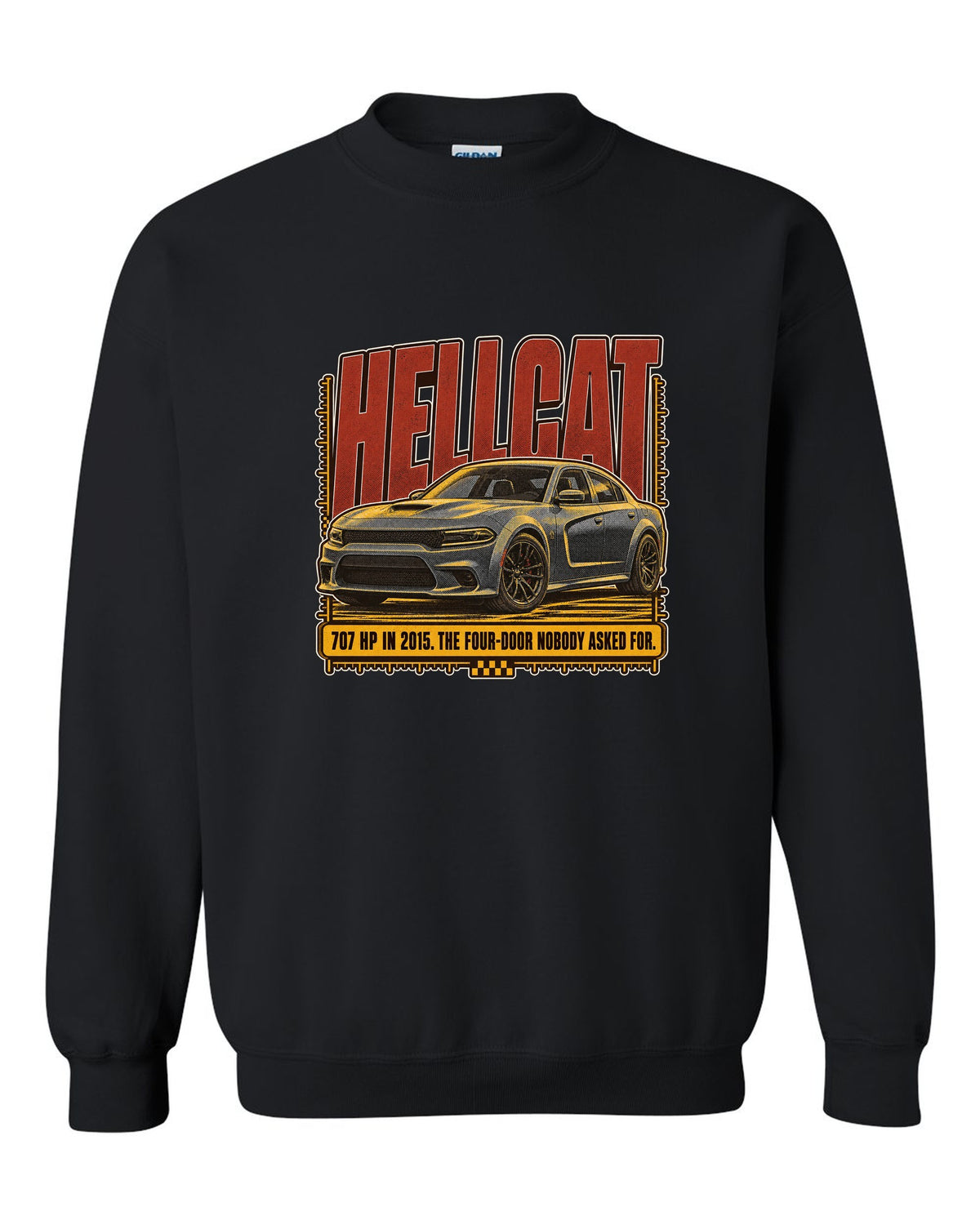Dodge Charger SRT Hellcat halftone statement print reading 707 HP in 2015 black crewneck front view with the design