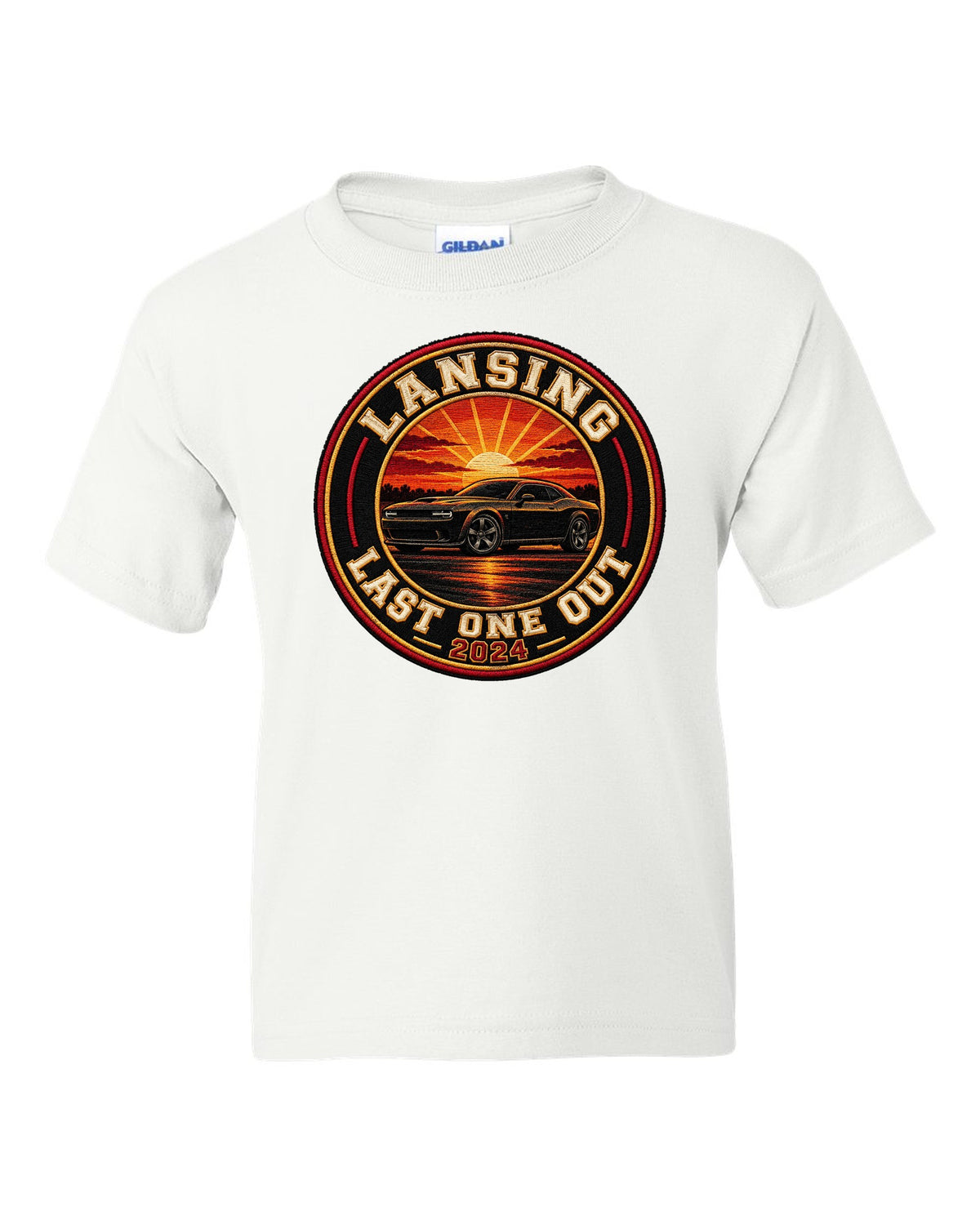 2023 Chevrolet Camaro varsity crest print reading Lansing Last One Out 2024 white kids tee front view with the design
