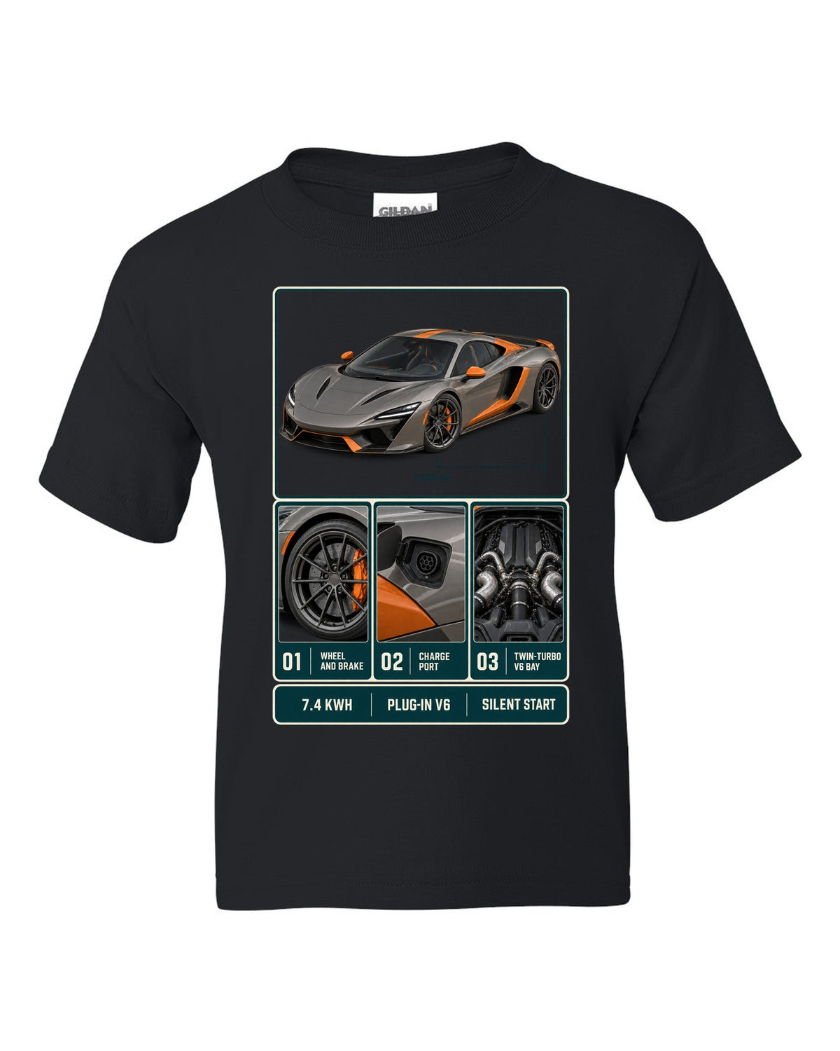 McLaren Artura dossier panel print with 7.4 kWh, plug-in V6 and silent start black kids tee front view with the design