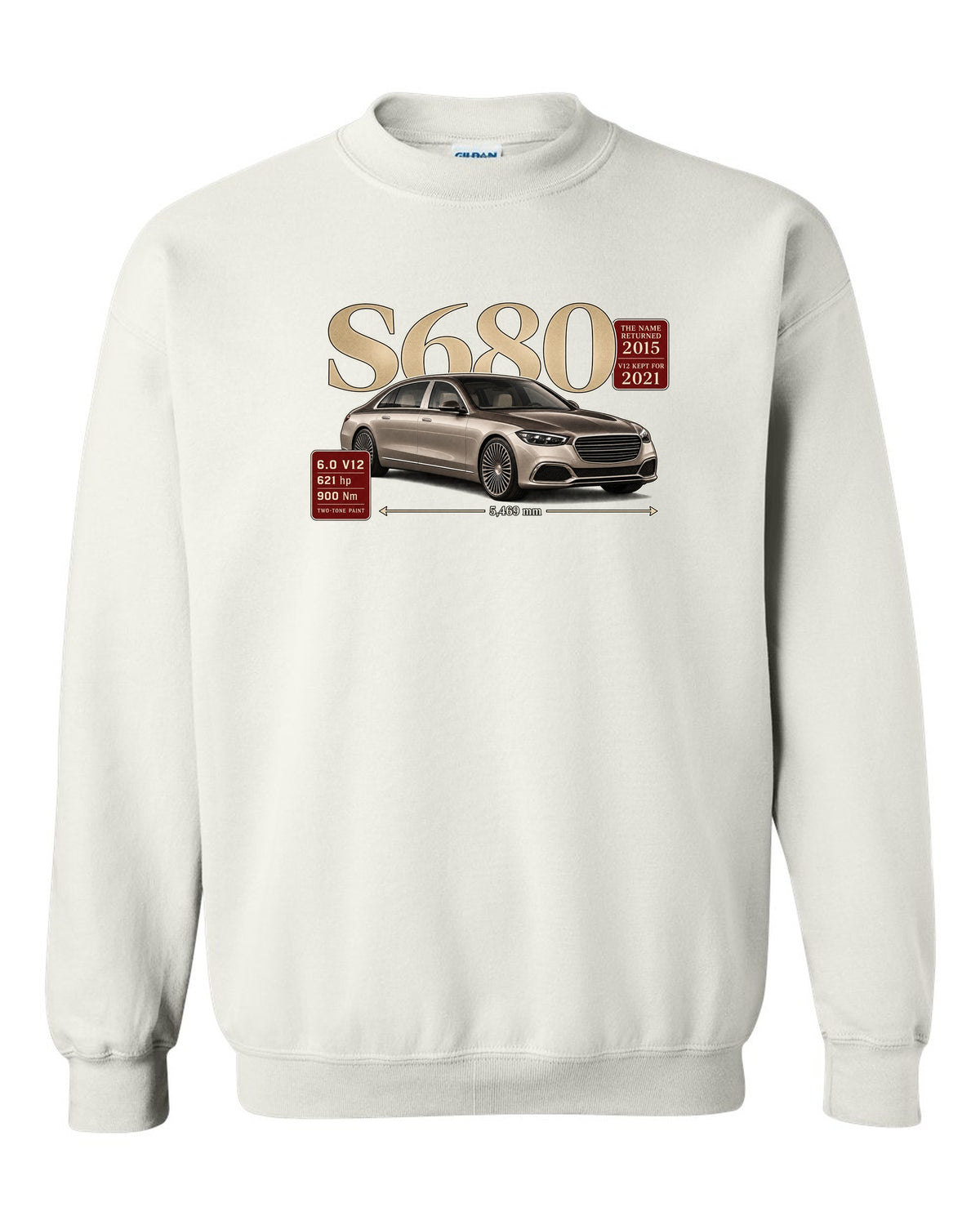print archive panel of a Mercedes-Maybach S680 Z223 three-quarter with serif title white crewneck front view with the design