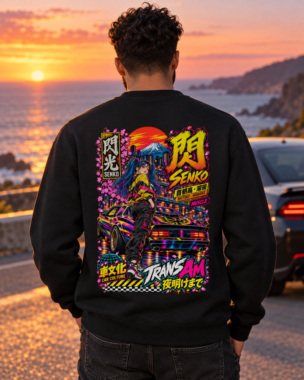 SENKO TRANS AM Anime Girl Full-Back Graphic Tee Crewneck Black worn hero