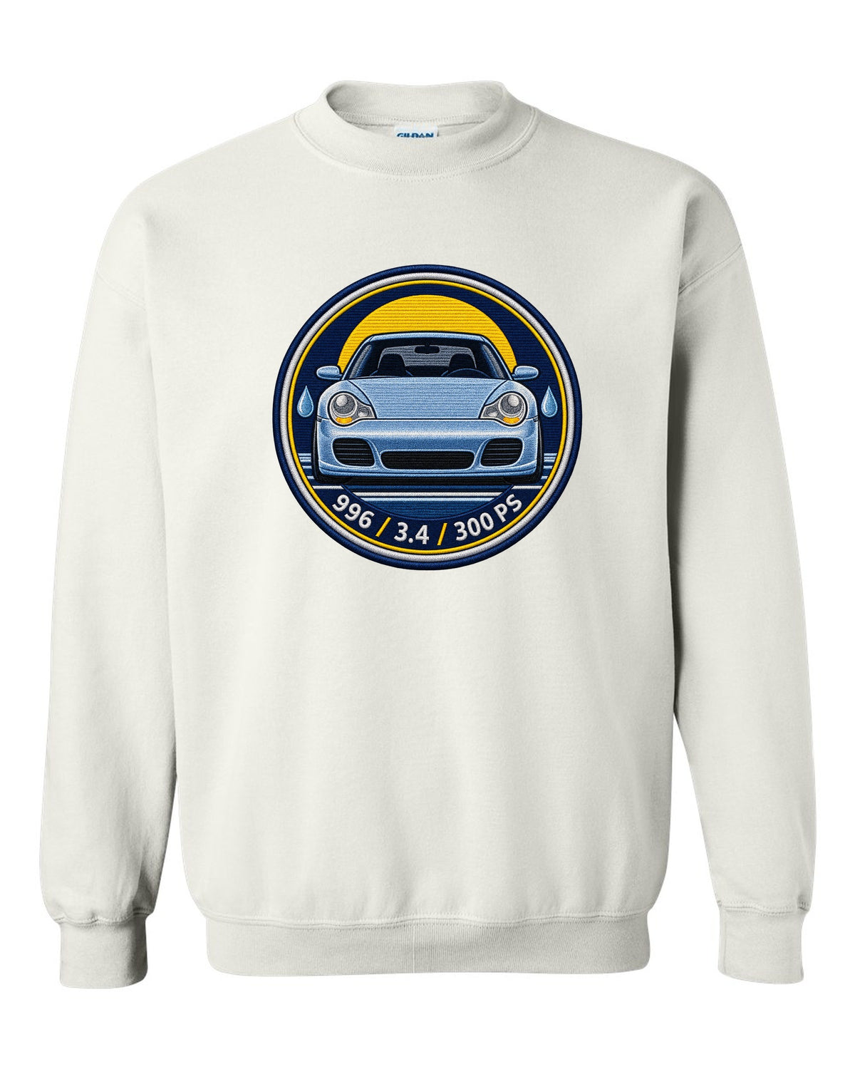 Round crest print of a 2004 Porsche 911 Carrera 997 with the text 997, 3.6 and 325 PS white crewneck front view with the design