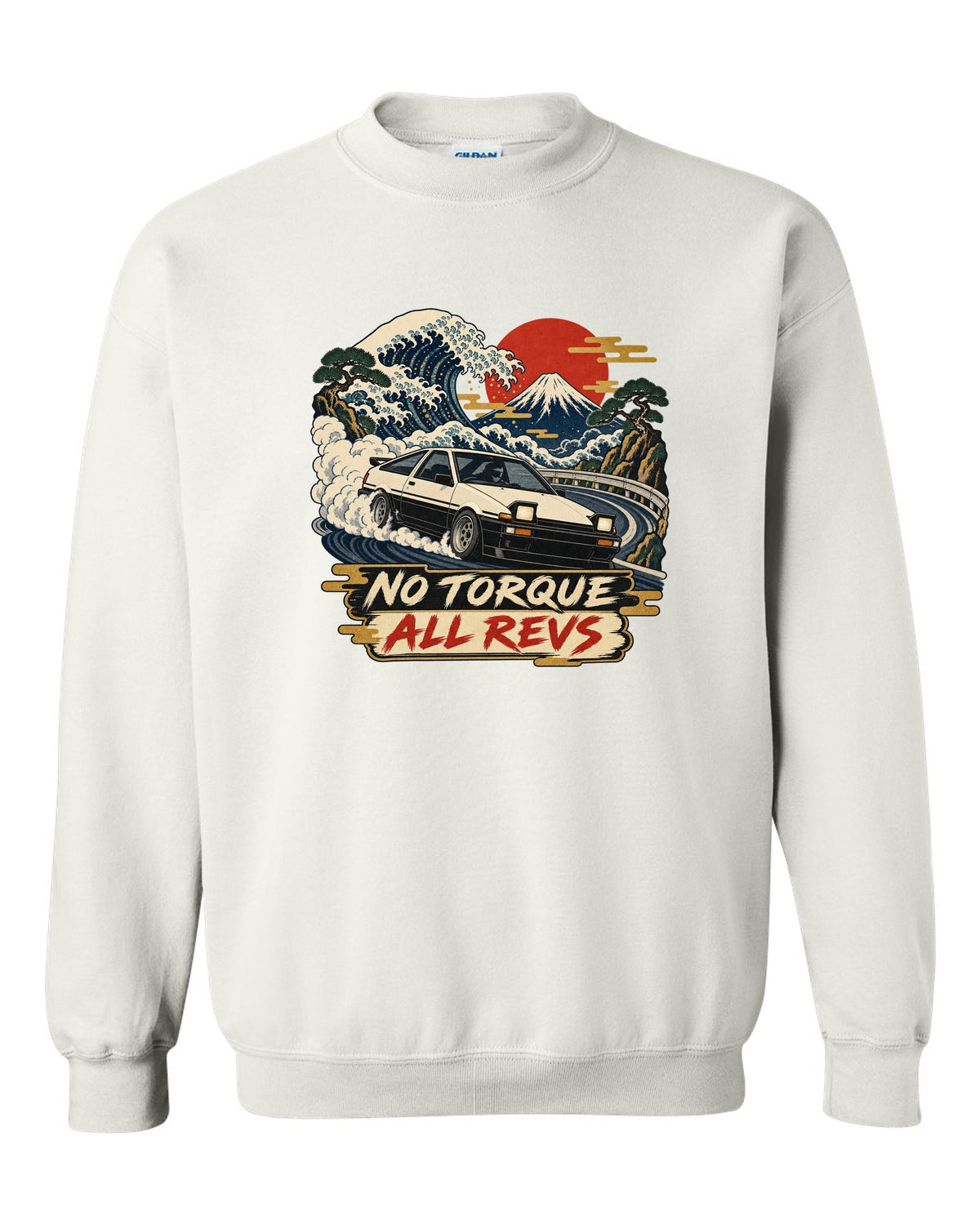Woodblock ukiyo-e print of a 1985 Toyota Sprinter Trueno AE86 with No Torque All Revs lettering white crewneck front view with the design