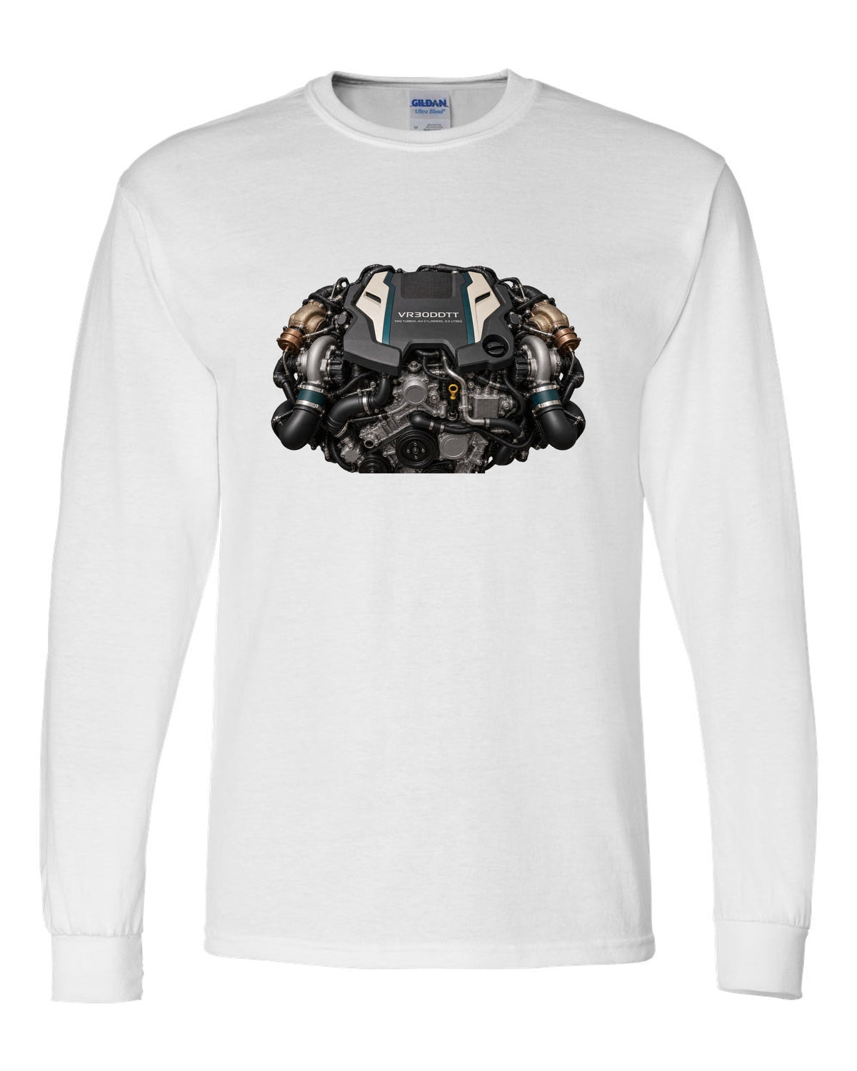 Nissan VR30DDTT 3.0 litre twin-turbo V6 engine bay poster style print white long sleeve front view with the design