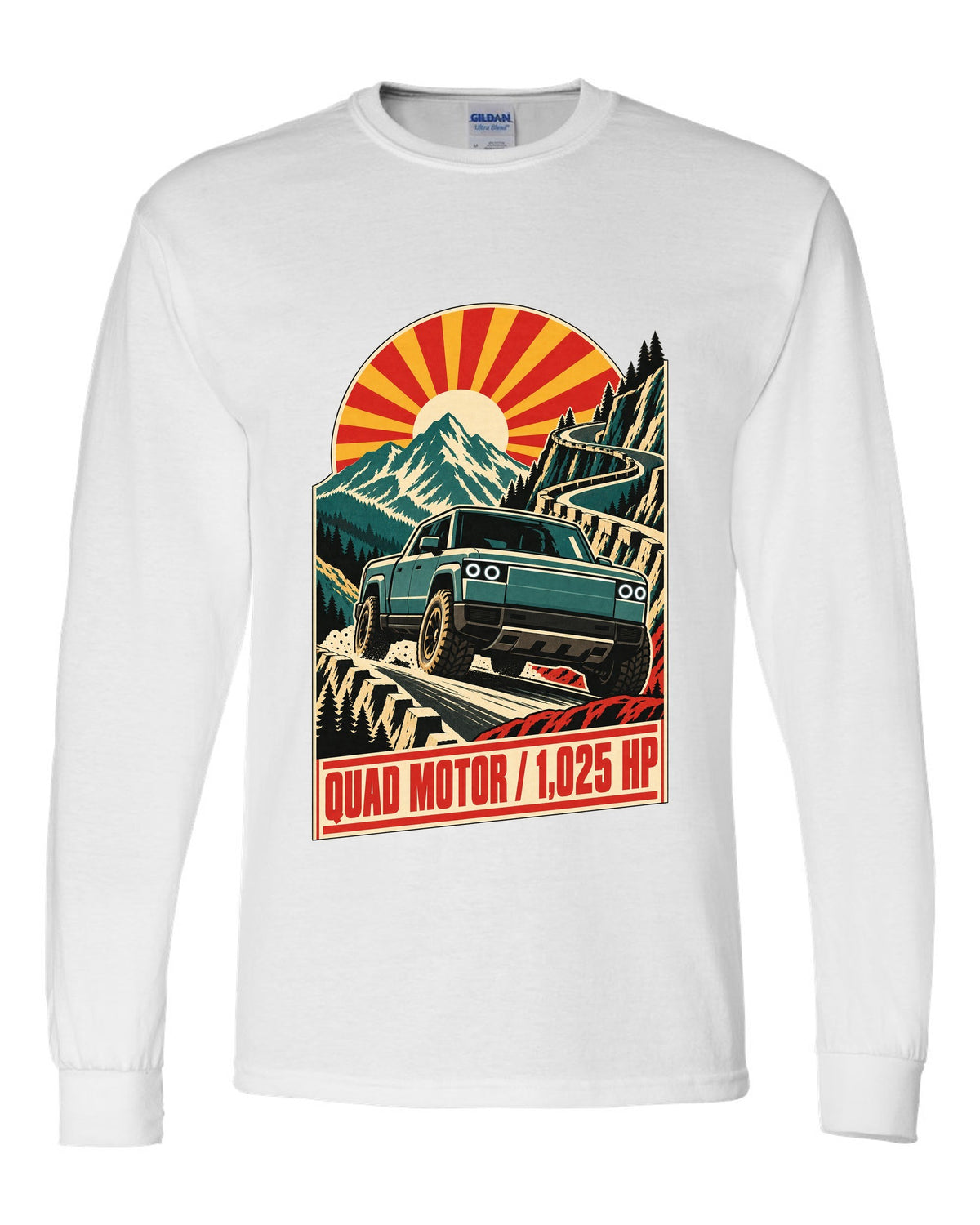 1960s lithographed vintage race poster print of a Rivian R1T reading Quad Motor 1,025 HP white long sleeve front view with the design