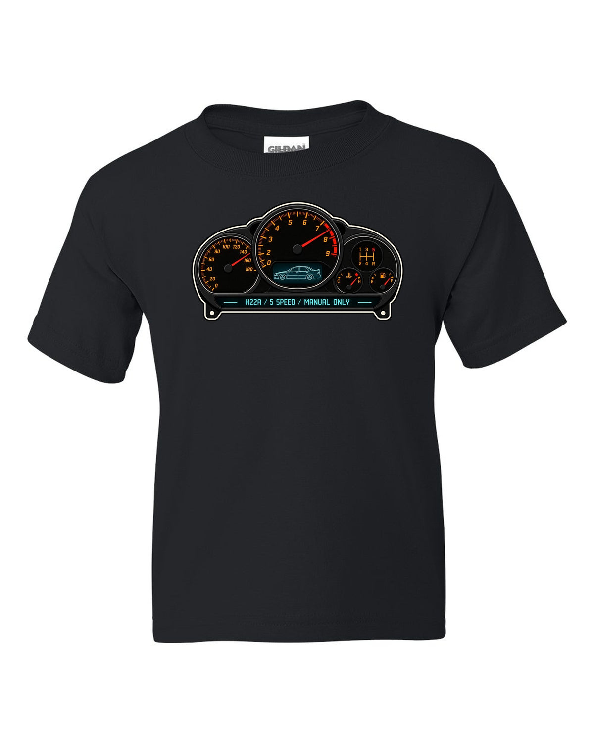 Gauge-cluster HUD design for the Honda Accord Euro R CL1 with H22A text black kids tee front view with the design