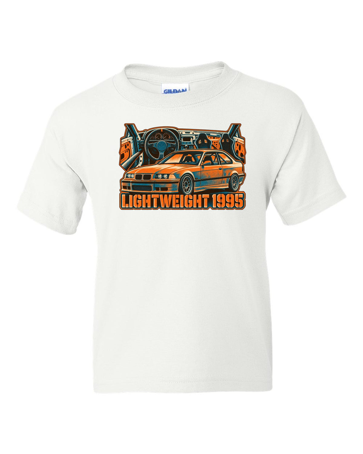 Watercolour wet-road night illustration of a BMW E36 M3 coupe in a garage with coolant flange fund text white kids tee front view with the design