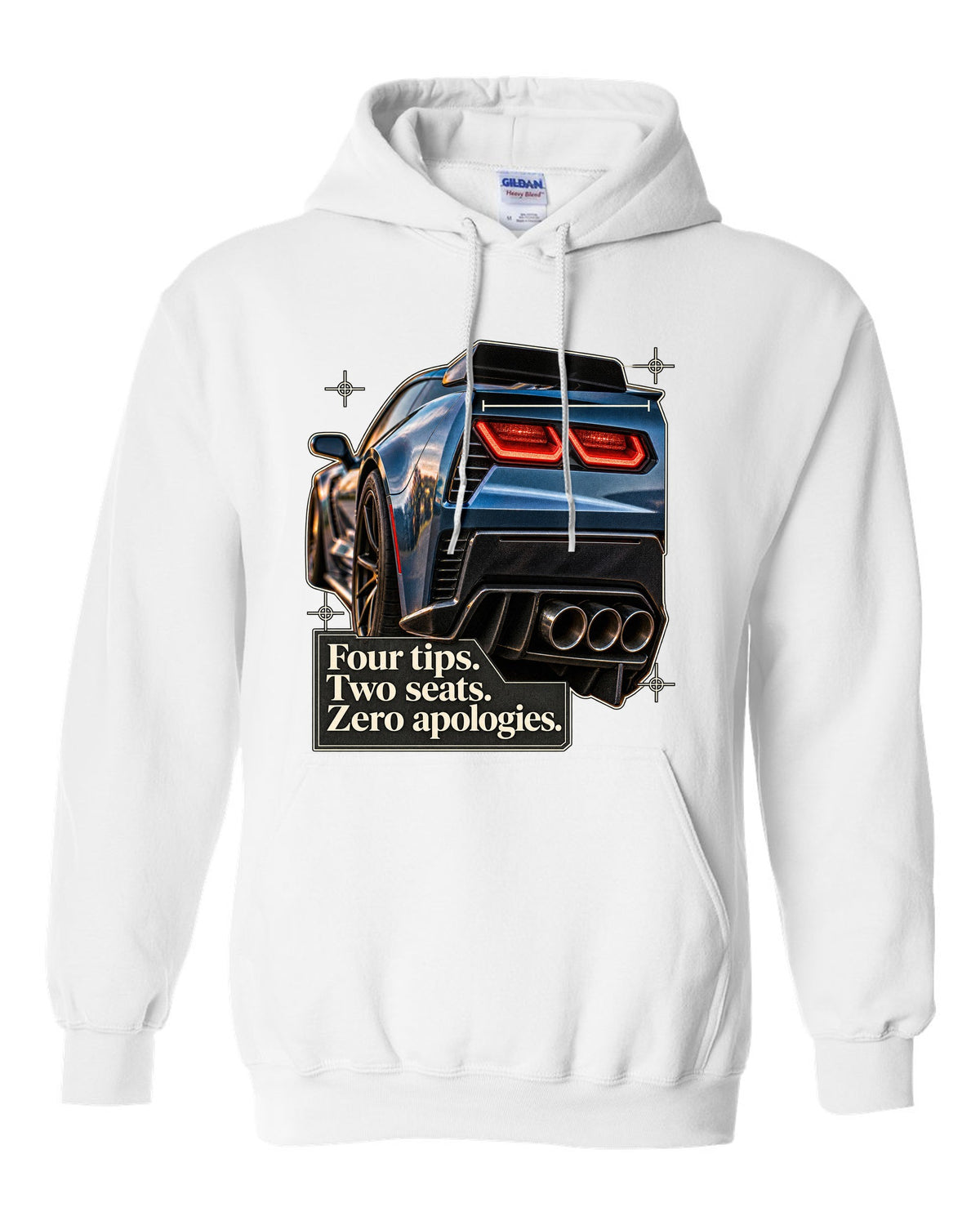 print of a Chevrolet Corvette C7 Z06 rear tail macro with four exhaust tips text white pull over hoodie front view with the design