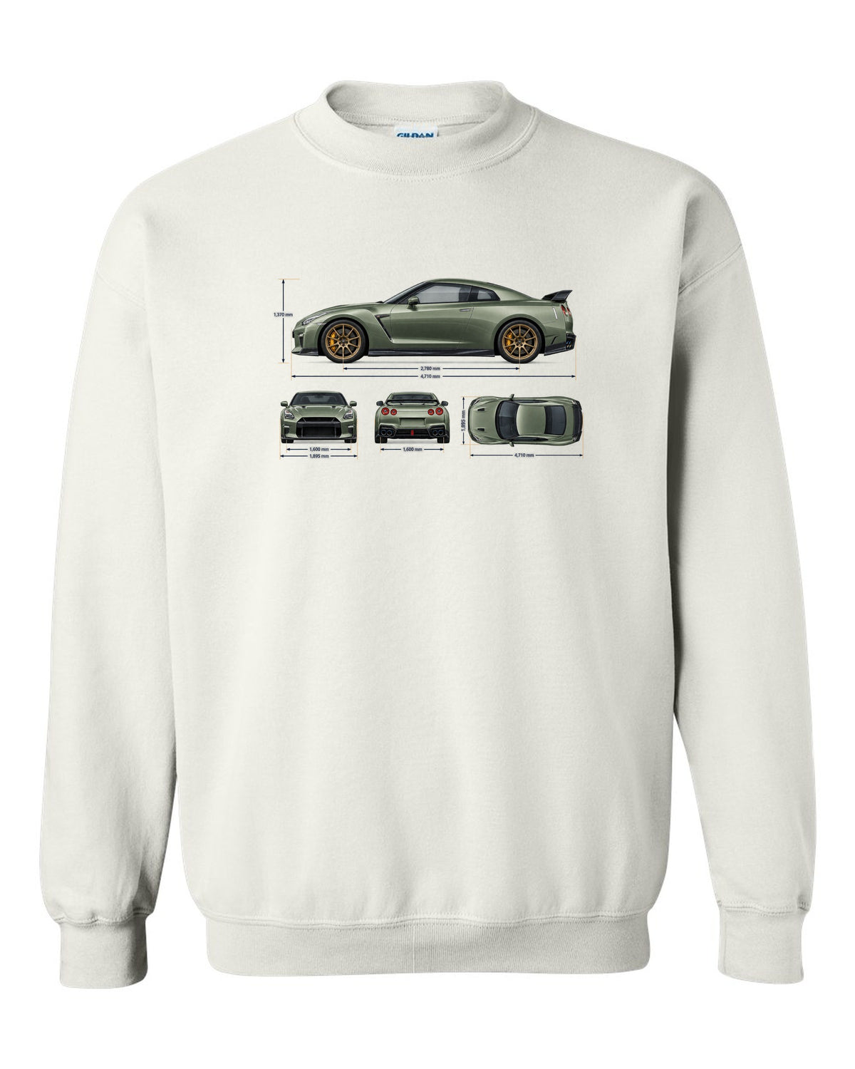 Nissan GT-R R35 rear three-quarter in red halftone showing four round taillights white crewneck front view with the design