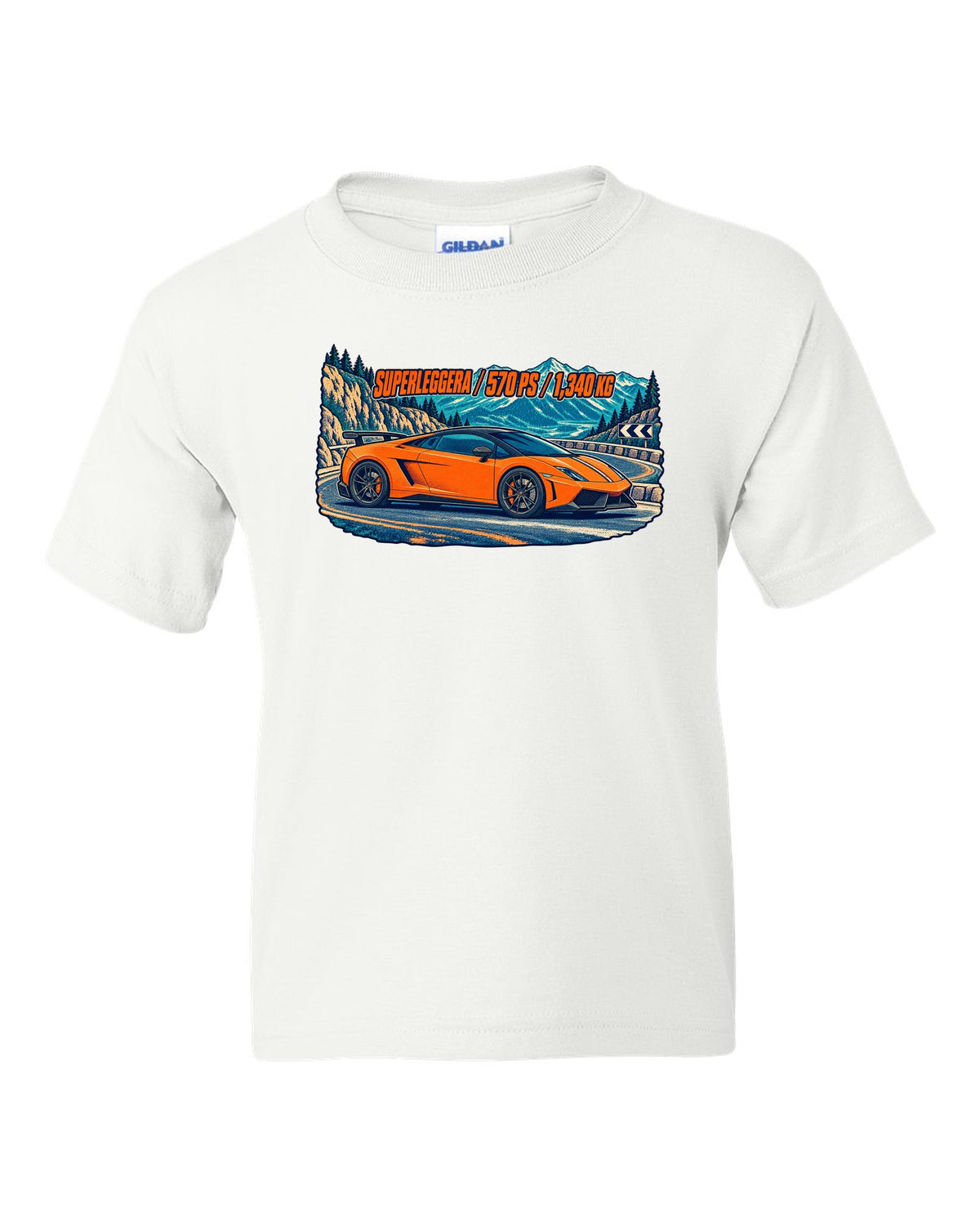 Three-colour risograph design of a Lamborghini Gallardo LP570-4 Superleggera on a mountain pass white kids tee front view with the design