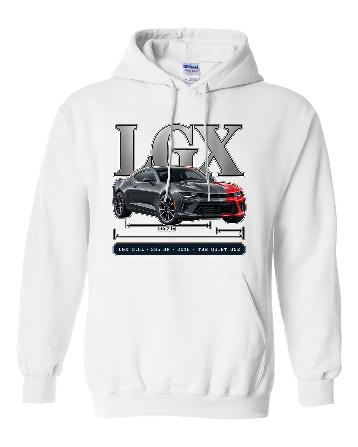 Archive panel print of a 2016 Chevrolet Camaro V6 with LGX 3.6L white pull over hoodie front view with the design