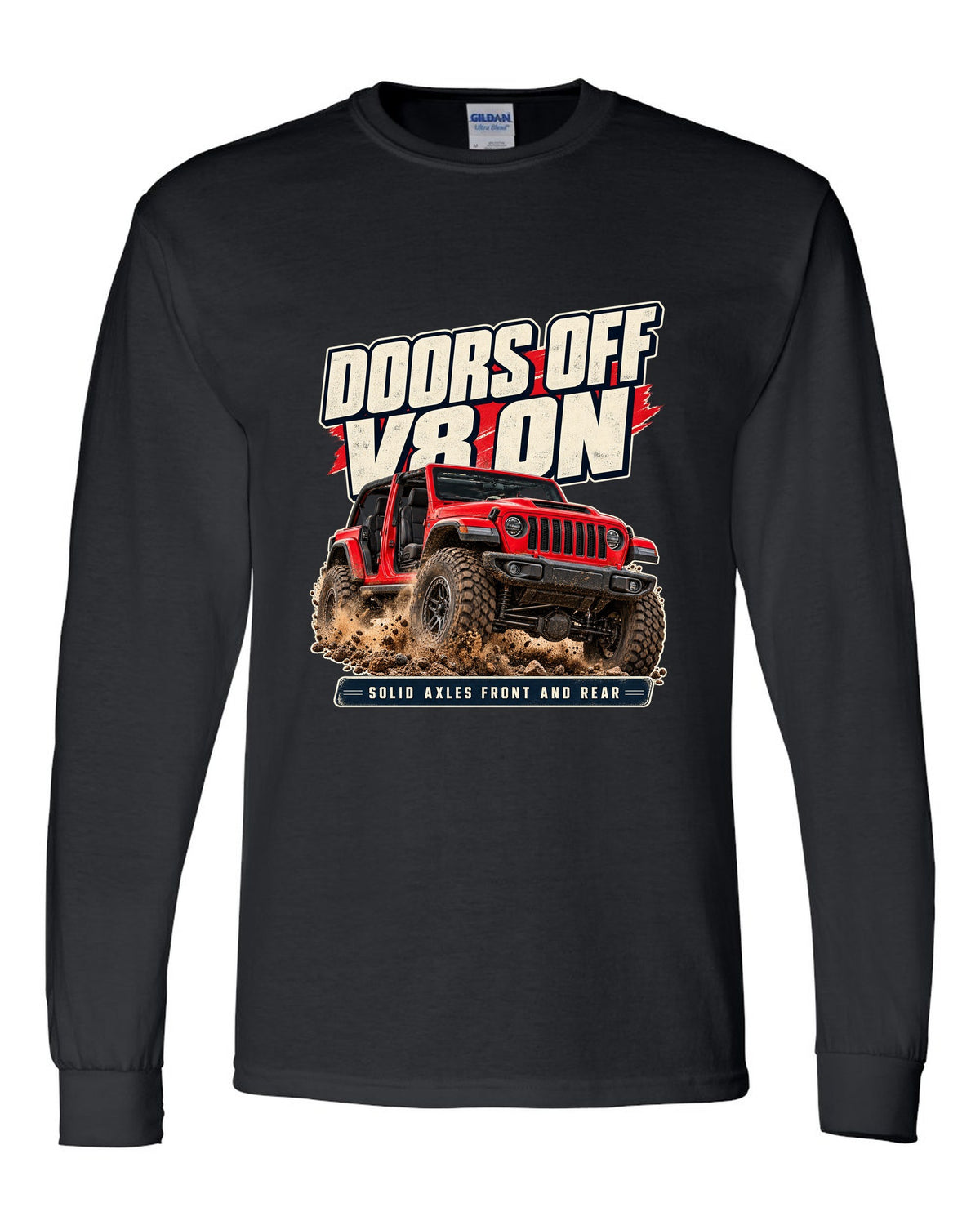 Editorial headline print for the Jeep Rubicon 392 about doors off and a V8 black long sleeve front view with the design