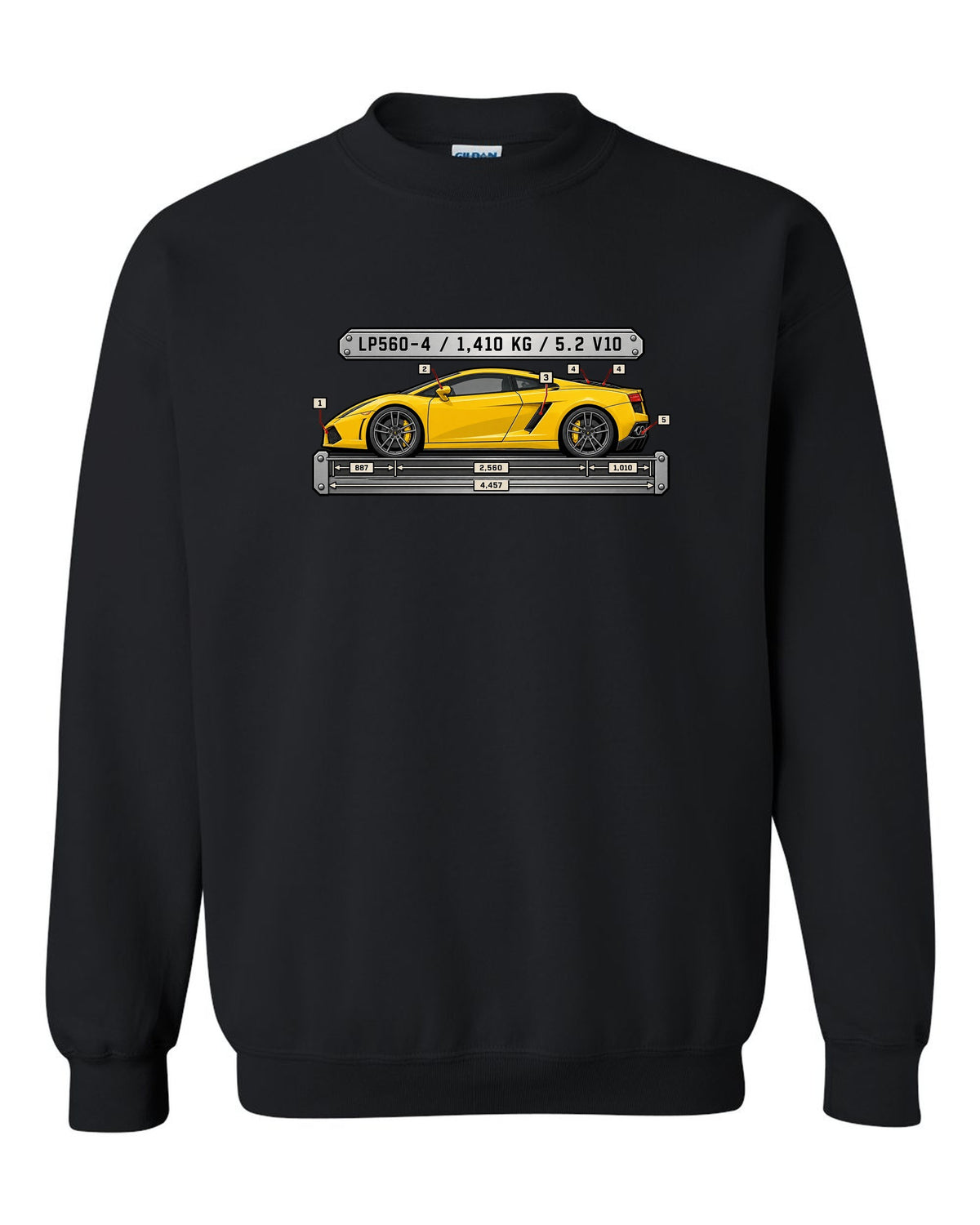 Spec-sheet data plate design for a Lamborghini Gallardo LP560-4 with weight and engine text black crewneck front view with the design