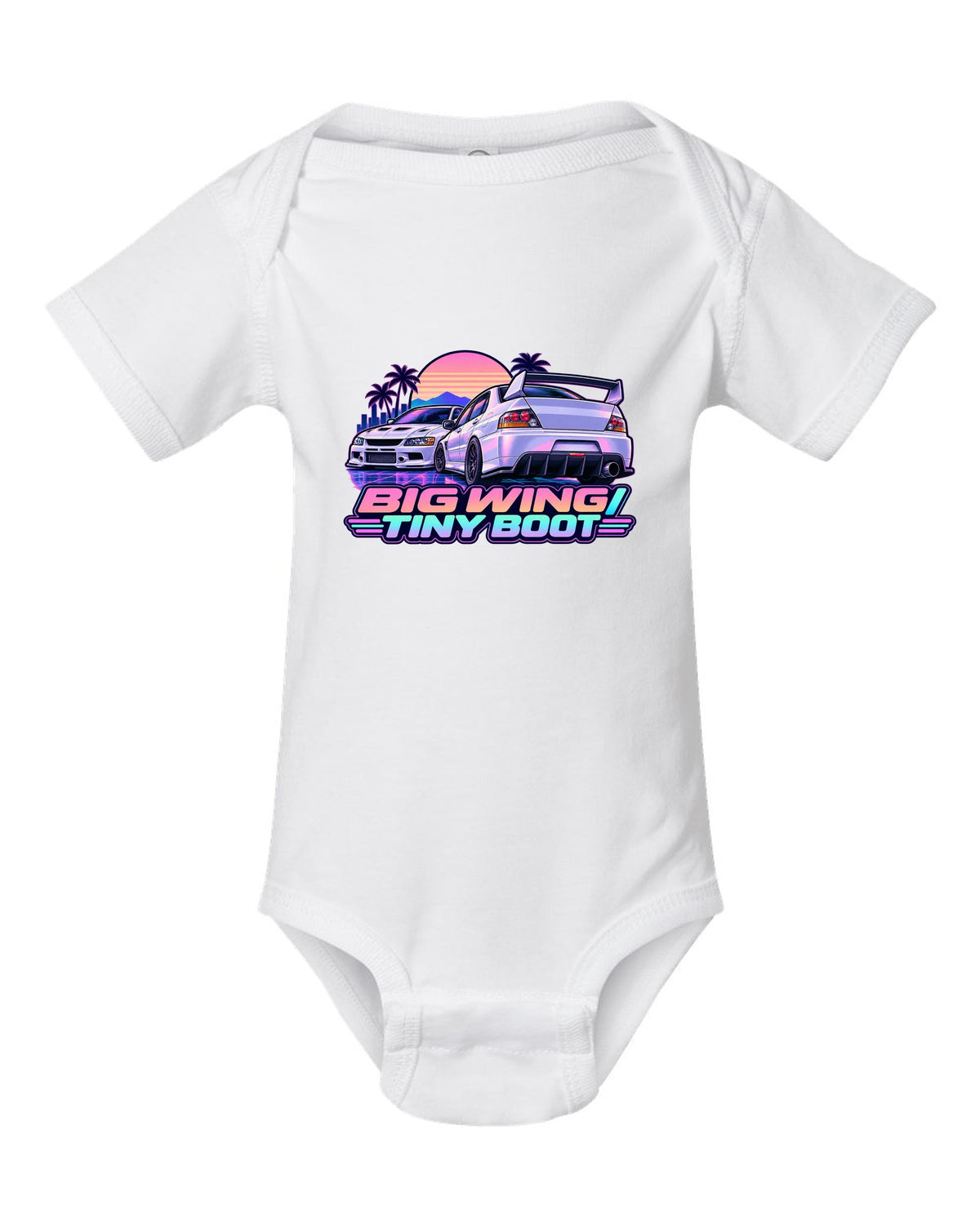 Vaporwave pastel print of the Mitsubishi Evo IX CT9A with big wing tiny boot text white baby onesie front view with the design