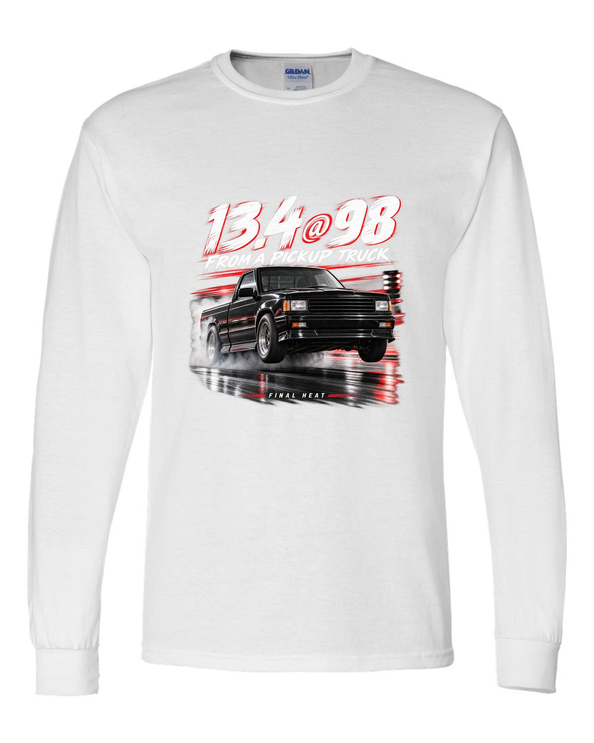 1991 GMC Syclone quarter mile race poster print white long sleeve front view with the design