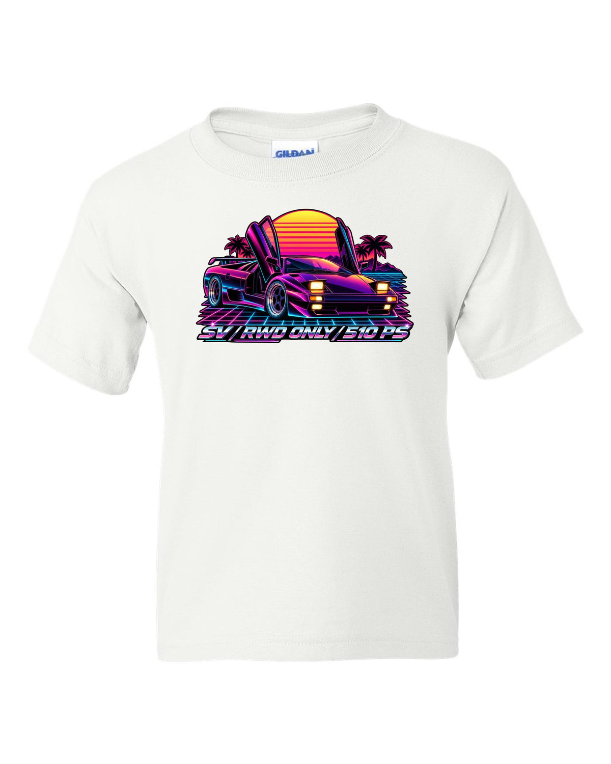 Synthwave outrun style Lamborghini Diablo SV with RWD only and 510 PS lettering white kids tee front view with the design