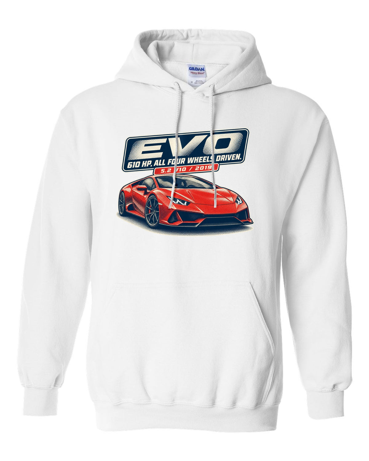 Halftone print of the Lamborghini Huracan EVO white pull over hoodie front view with the design