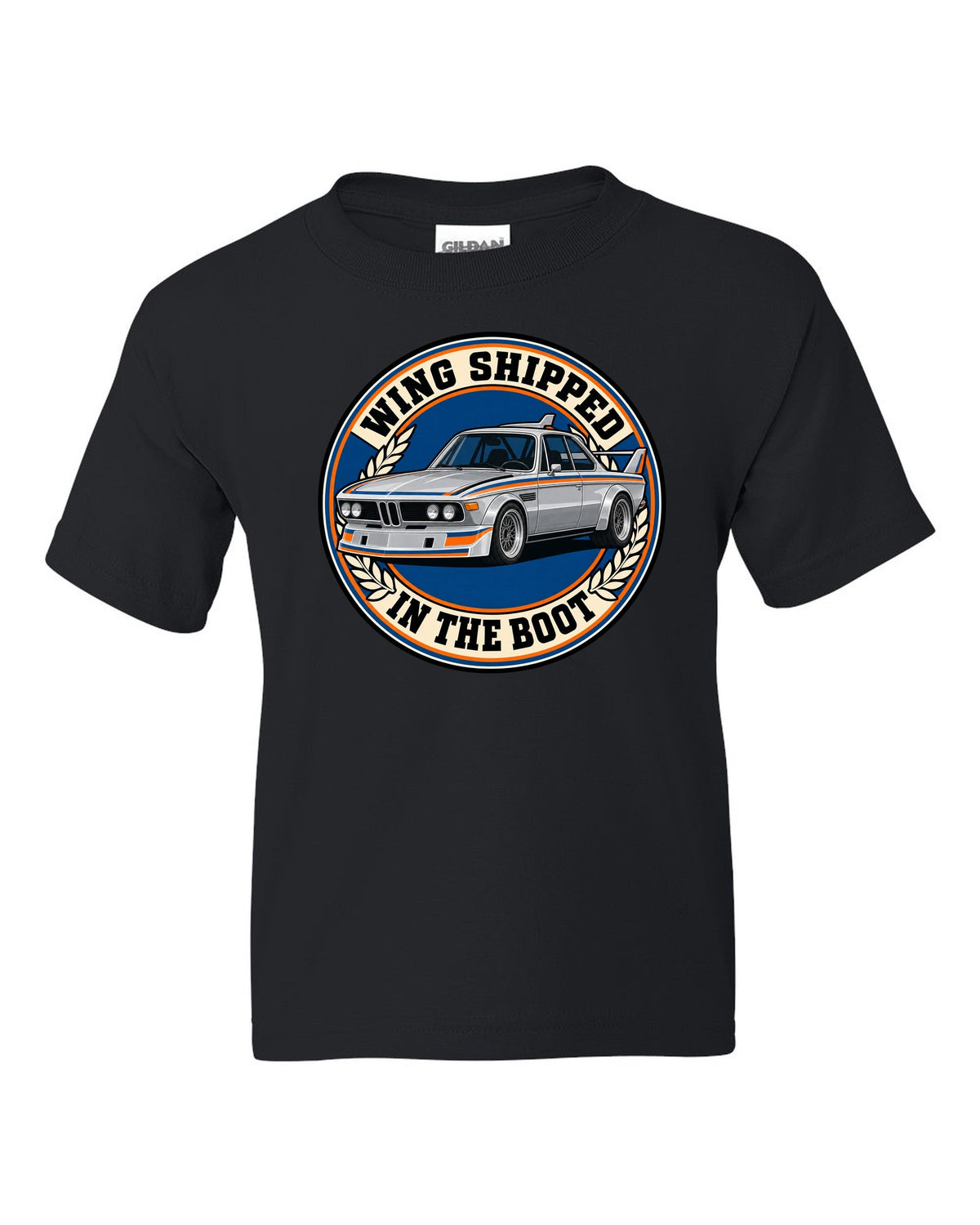 Embroidery-style varsity crest print of a BMW 3.0 CSL E9 with wing in the boot text black kids tee front view with the design