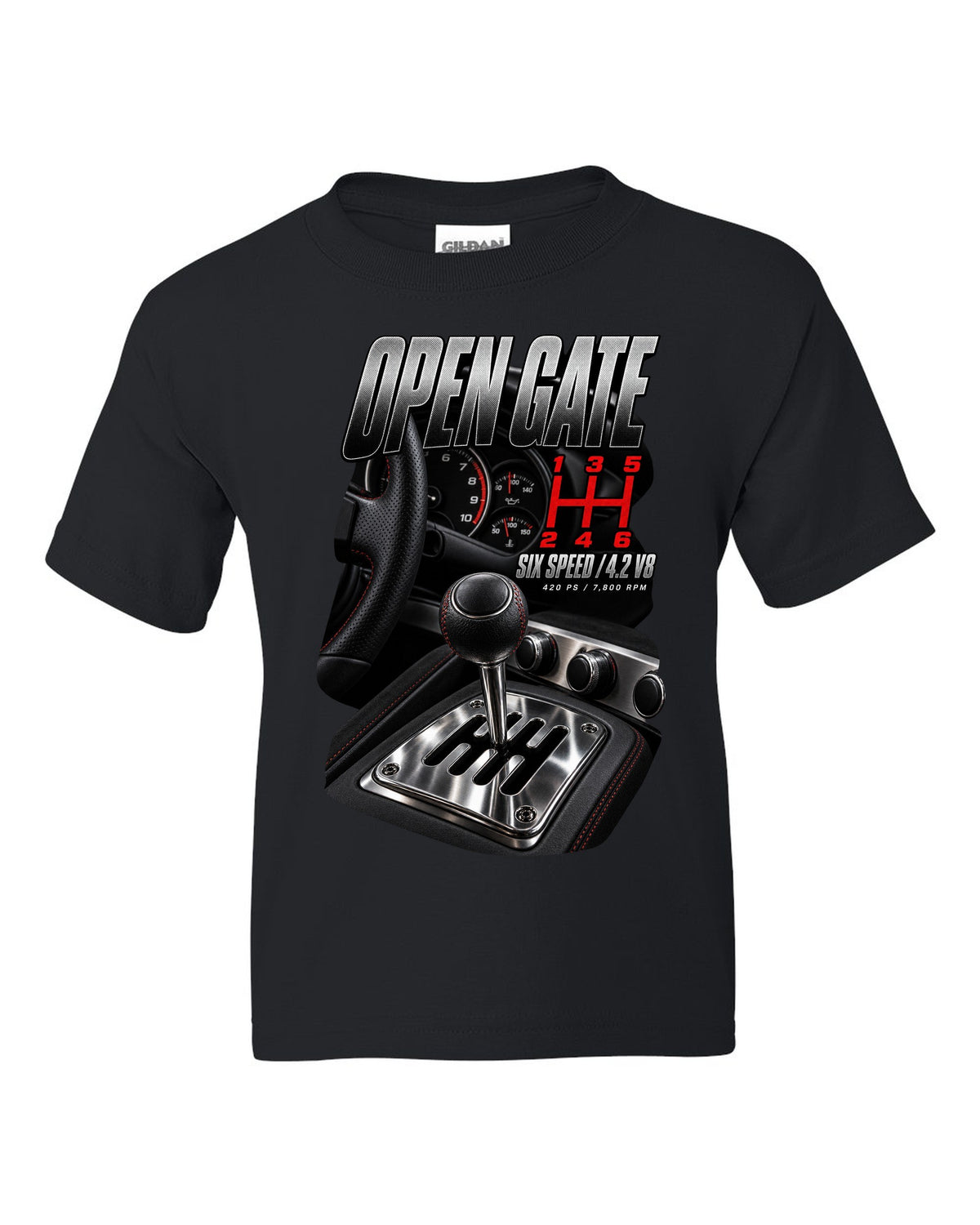 Audi R8 Type 42 V8 open gate six-speed shifter macro design black kids tee front view with the design