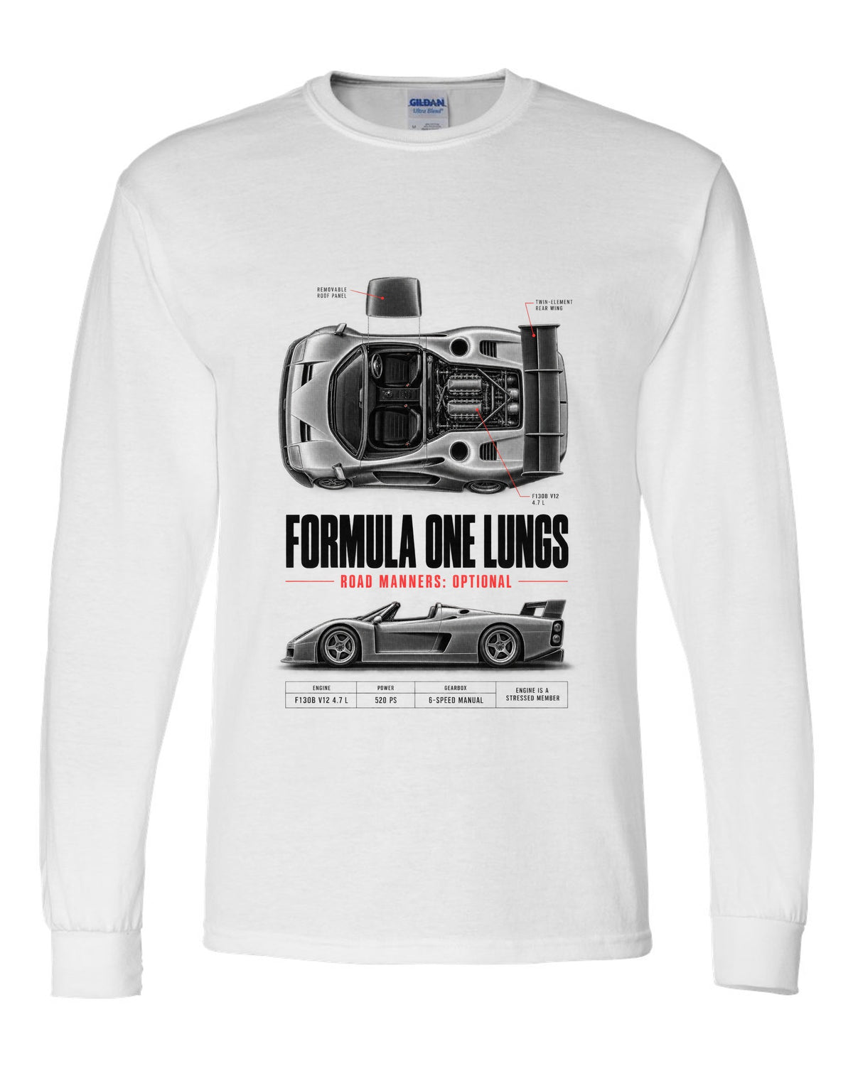 Ferrari F50 1995 top-down and profile spec poster print, F130B V12 4.7 L white long sleeve front view with the design