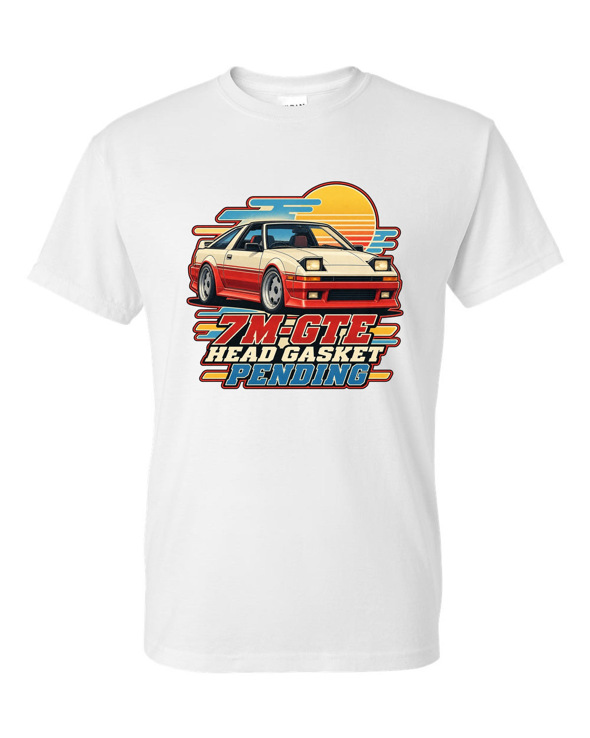 Toyota Supra A70 with pop-up headlights half open in a retro Showa brochure illustration white t-shirt front view with the design