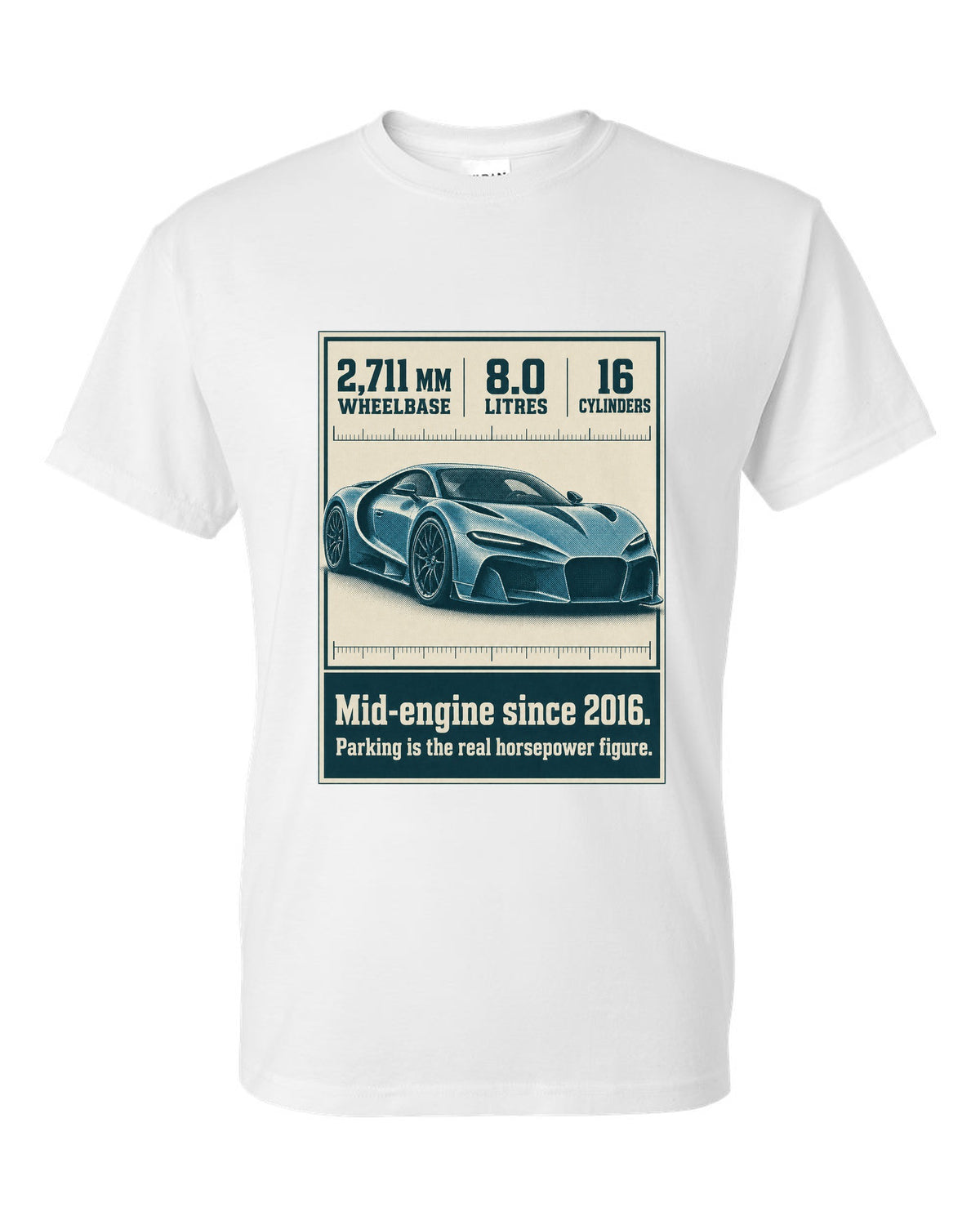 Bugatti Chiron Sport halftone print with wheelbase and engine facts white t-shirt front view with the design