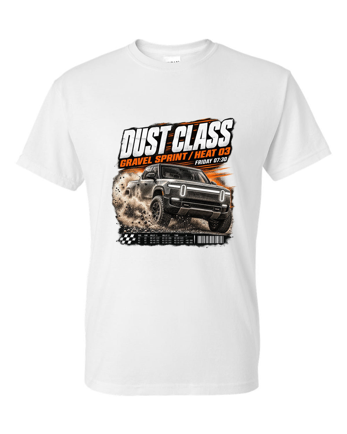 Rivian R1T Gen 2 2025 race poster reading Dust Class, gravel sprint, heat 03 white t-shirt front view with the design
