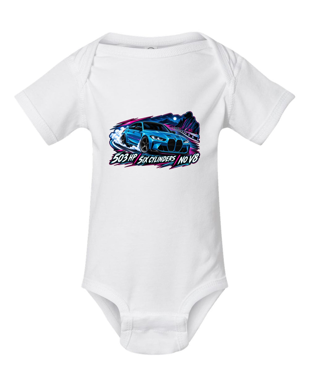 BMW G80 M3 Competition cel-shaded anime night touge print with 503 HP text white baby onesie front view with the design