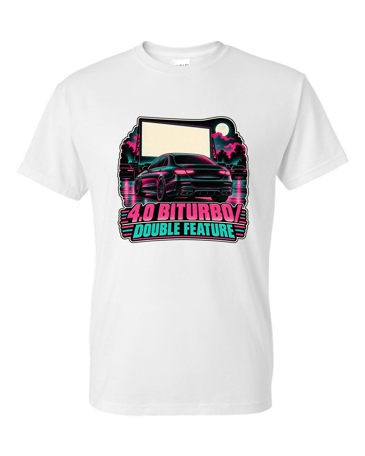 Risograph halftone drive-in poster graphic for a Mercedes E63 W213 4.0 biturbo, print white t-shirt front view with the design
