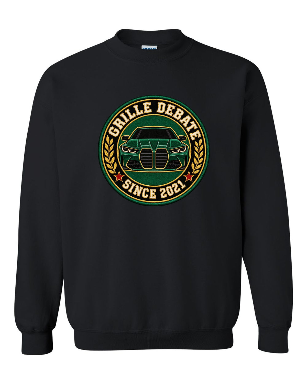 BMW G80 M3 varsity crest print with grille debate since 2021 text black crewneck front view with the design
