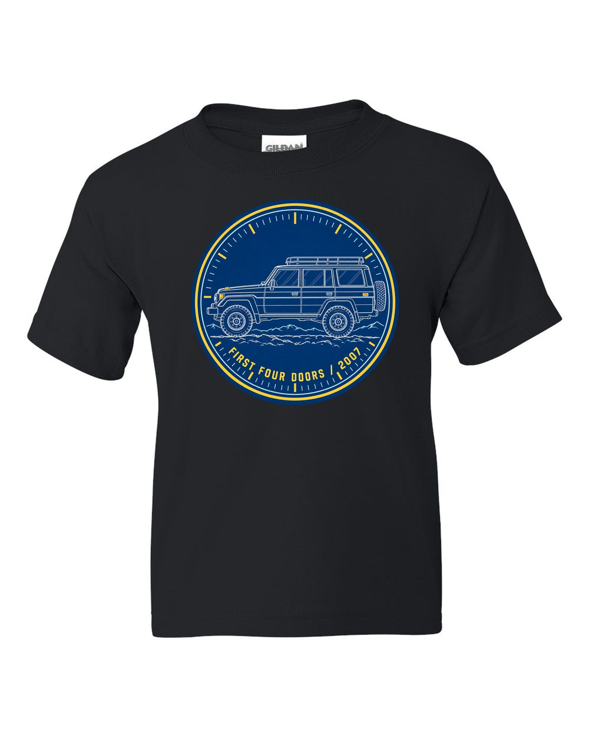 Jeep Wrangler JKU cyanotype blueprint design reading first four doors 2007 black kids tee front view with the design