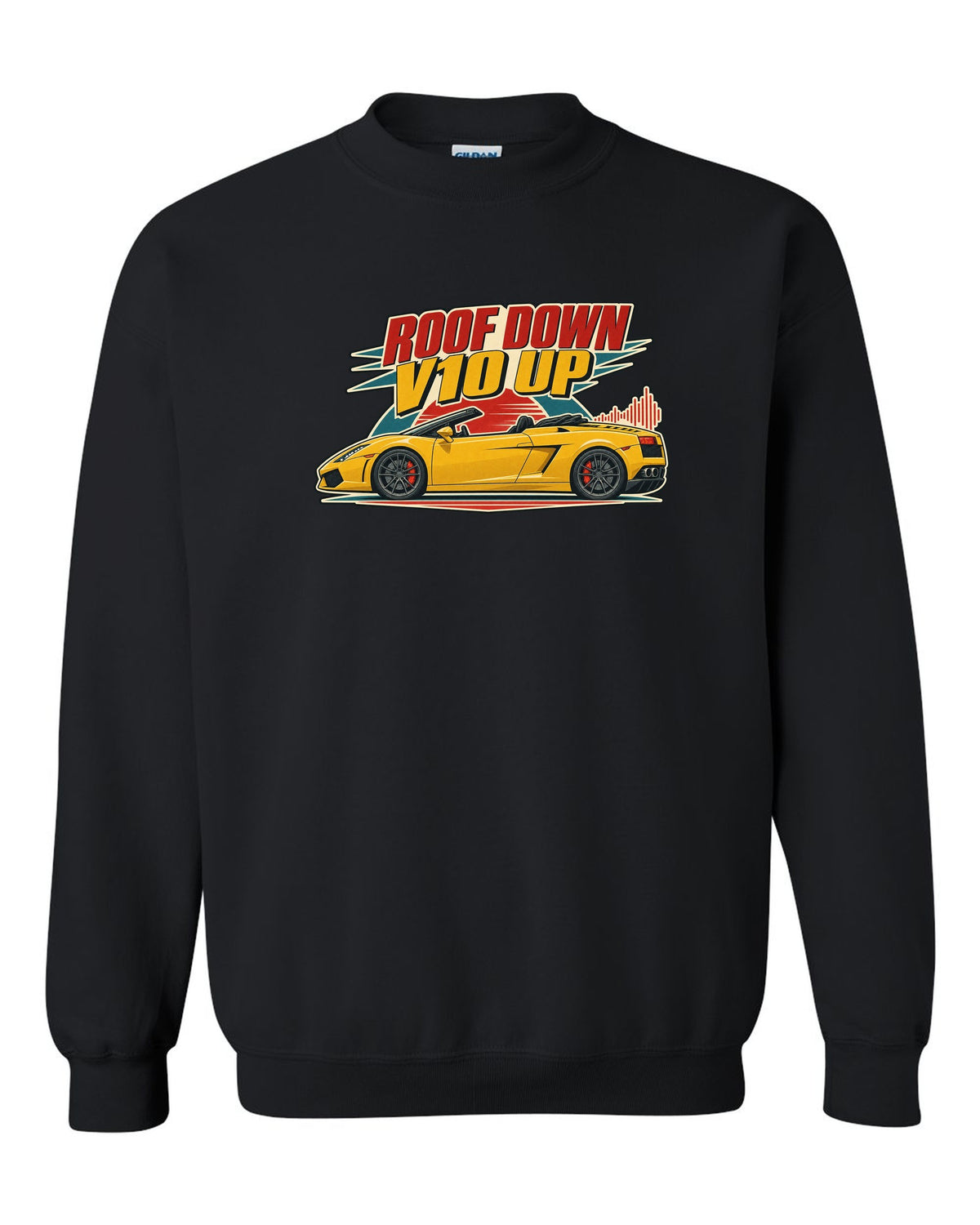 Vintage 1960s lithograph poster of a Lamborghini Gallardo Spyder LP560-4 with the text ROOF DOWN / V10 UP black crewneck front view with the design
