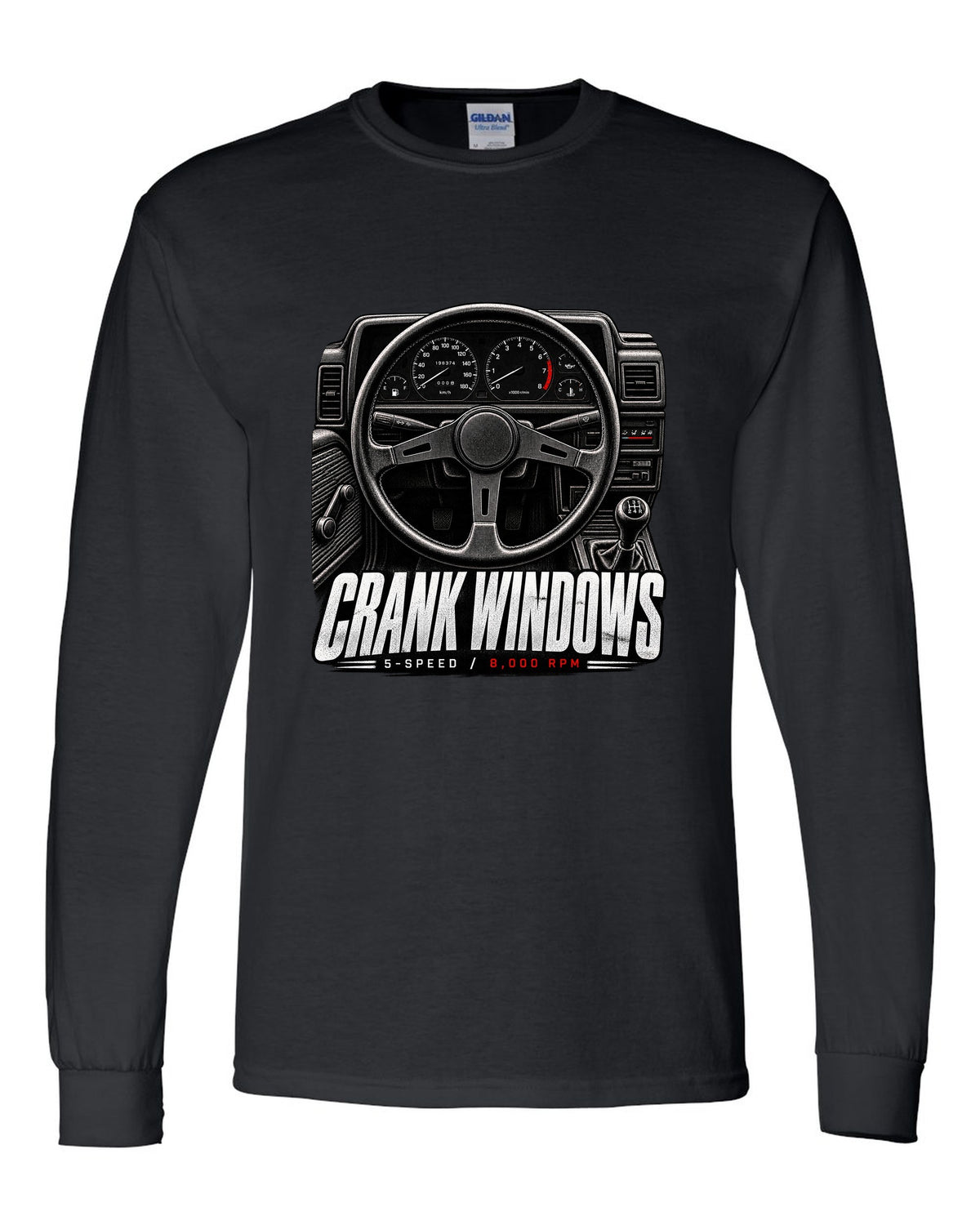 print of a Toyota AE86 interior cockpit with gauges and crank window lettering black long sleeve front view with the design
